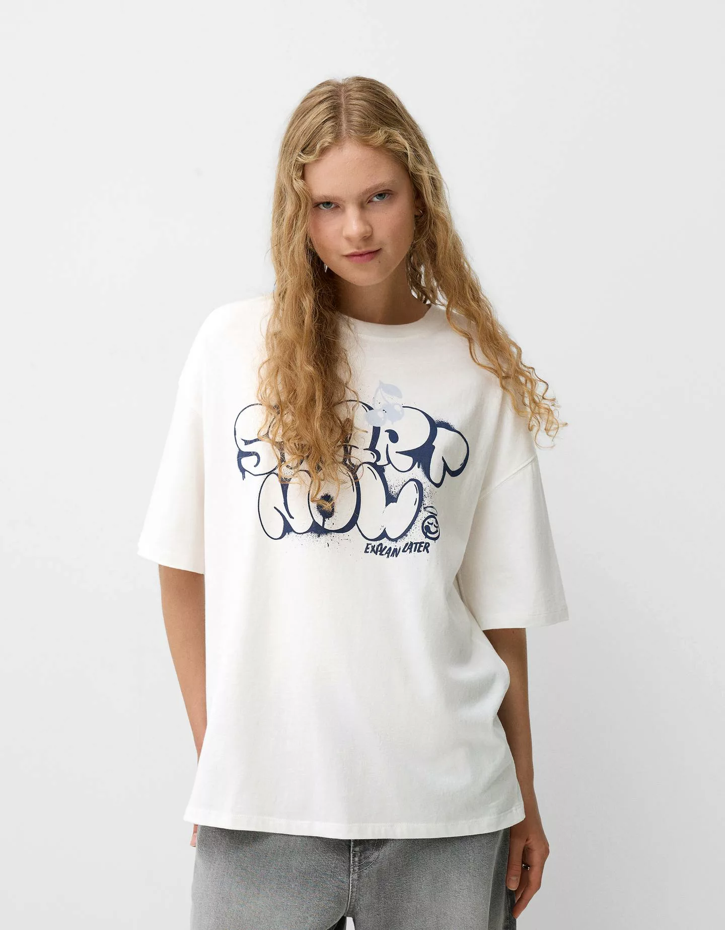 Bershka Oversize-T-Shirt Mit Print Damen Xl Weiss günstig online kaufen