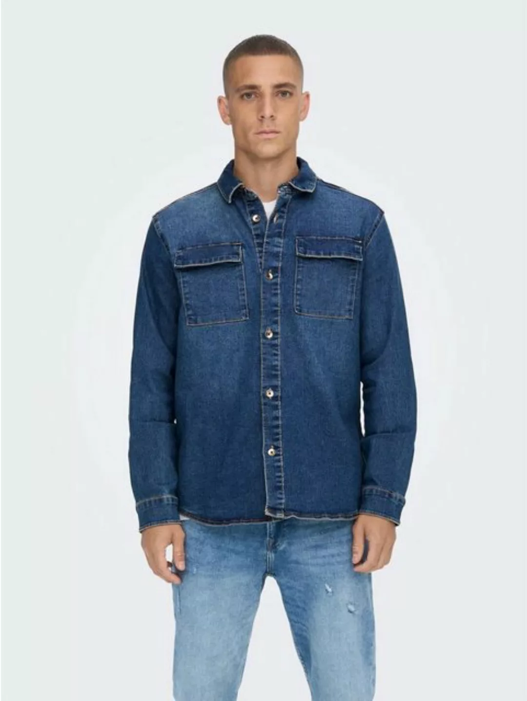 ONLY & SONS Langarmhemd Jeans Hemd Denim Langarm Shirt Freizeit Shacket ONS günstig online kaufen