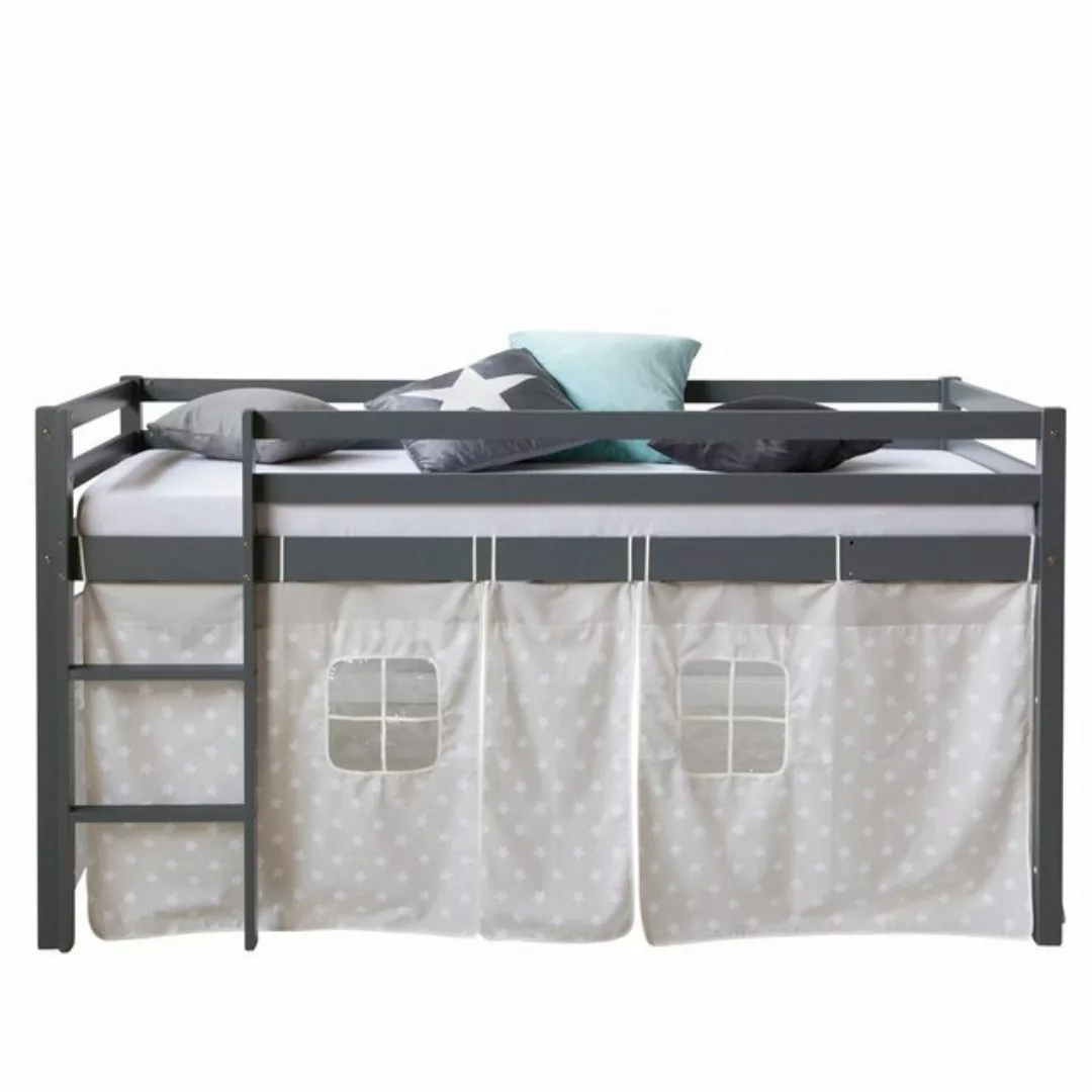 Homestyle4u Hochbett 90x200 cm Weiß mit Vorhang Sterne Grau Spielbett für 1 günstig online kaufen