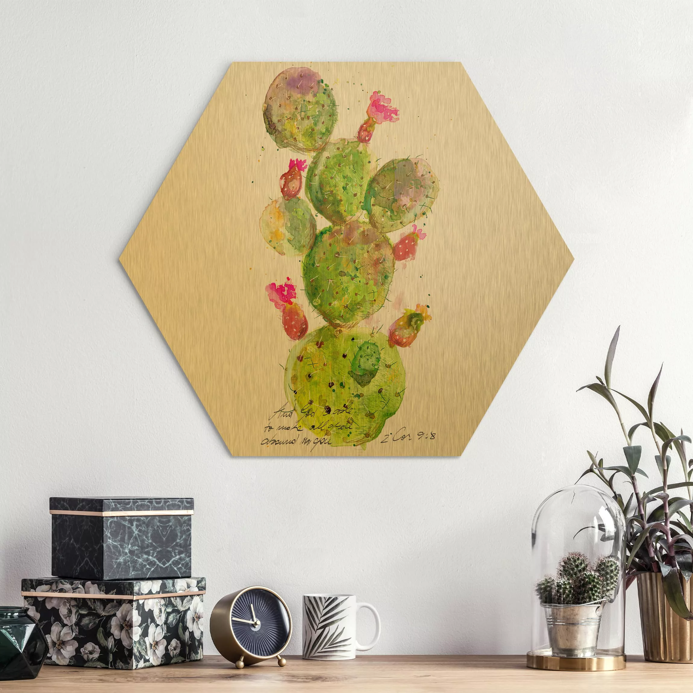 Hexagon-Alu-Dibond Bild Blumen Kaktus mit Bibelvers III günstig online kaufen