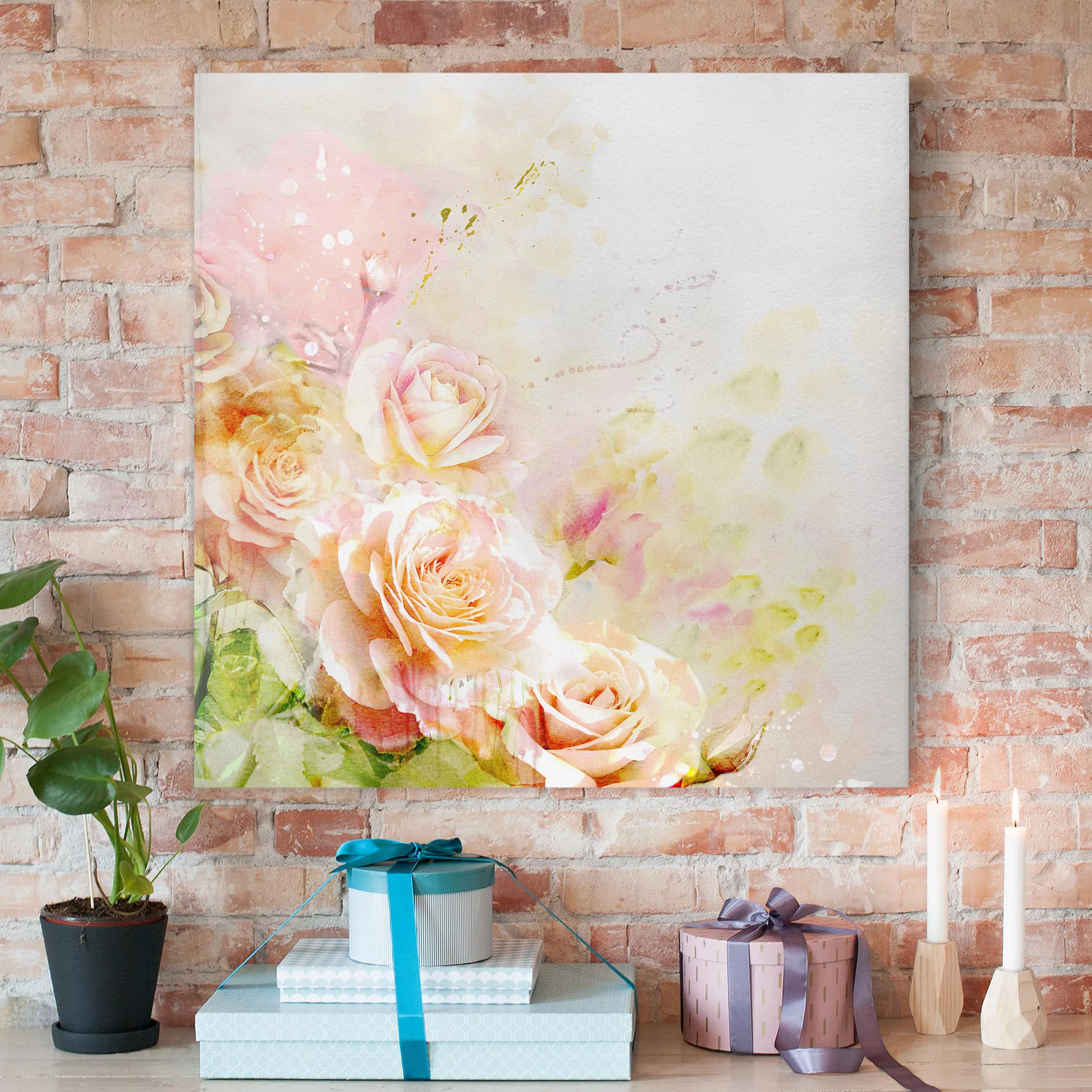 Leinwandbild Blumen - Quadrat Aquarell Rosen Komposition günstig online kaufen