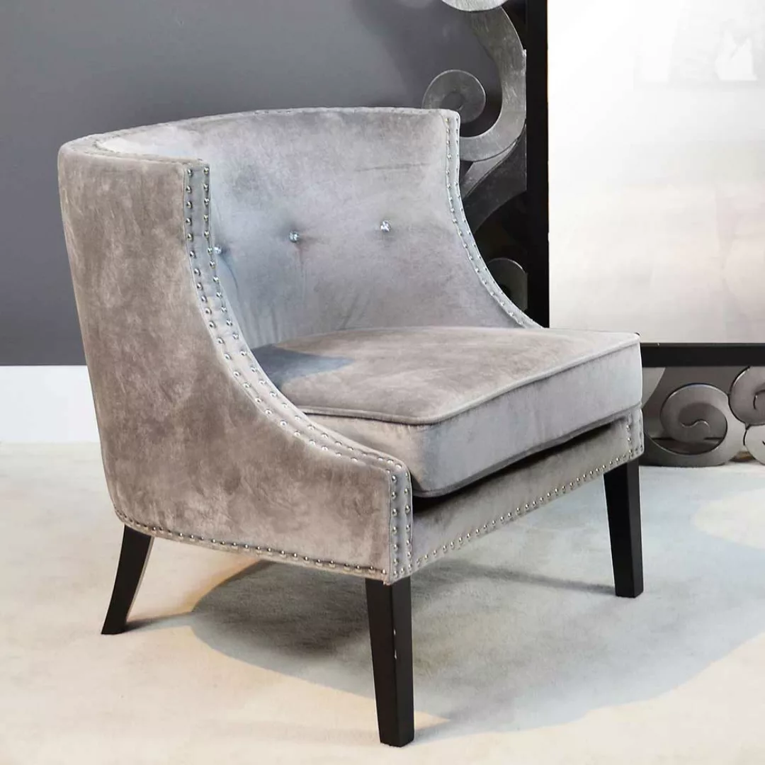Wohnzimmer Sessel in Hellgrau Samt und Schwarz Vierfußgestell aus Holz günstig online kaufen