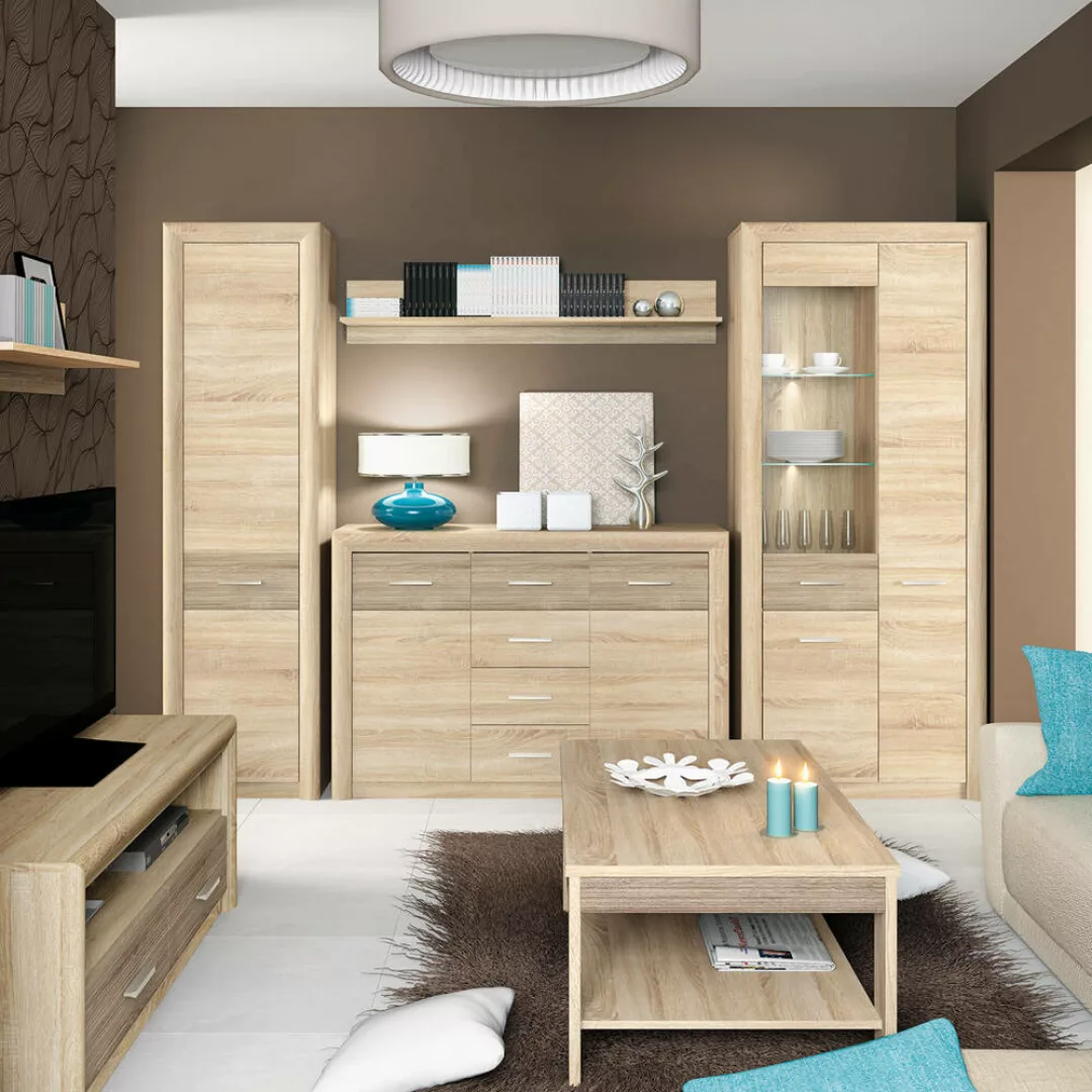 Wohnzimmer Set CORK-131 Kiefer hell 7-teilig mit Couchtisch und Beleuchtung günstig online kaufen
