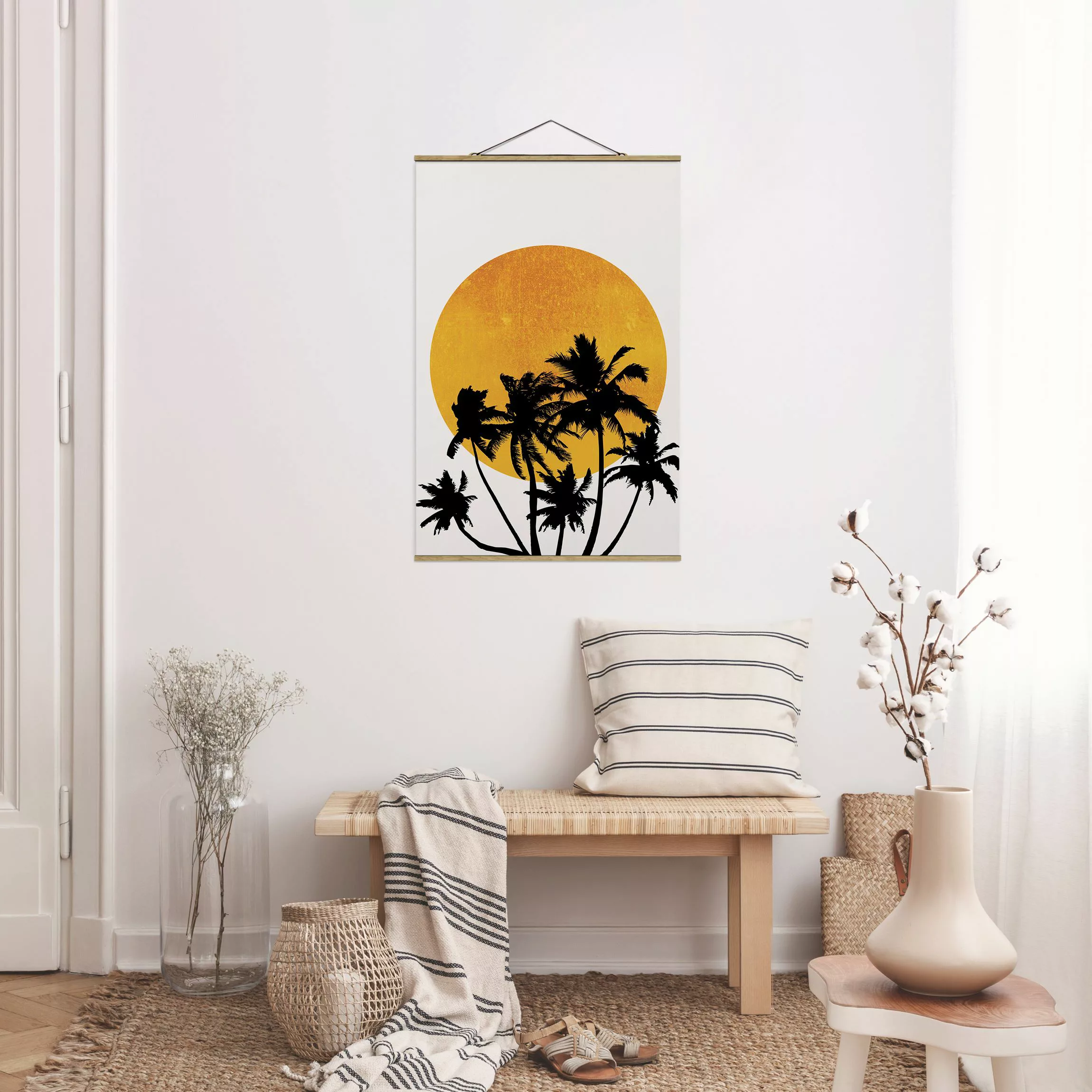 Stoffbild mit Posterleisten Palmen vor goldener Sonne günstig online kaufen