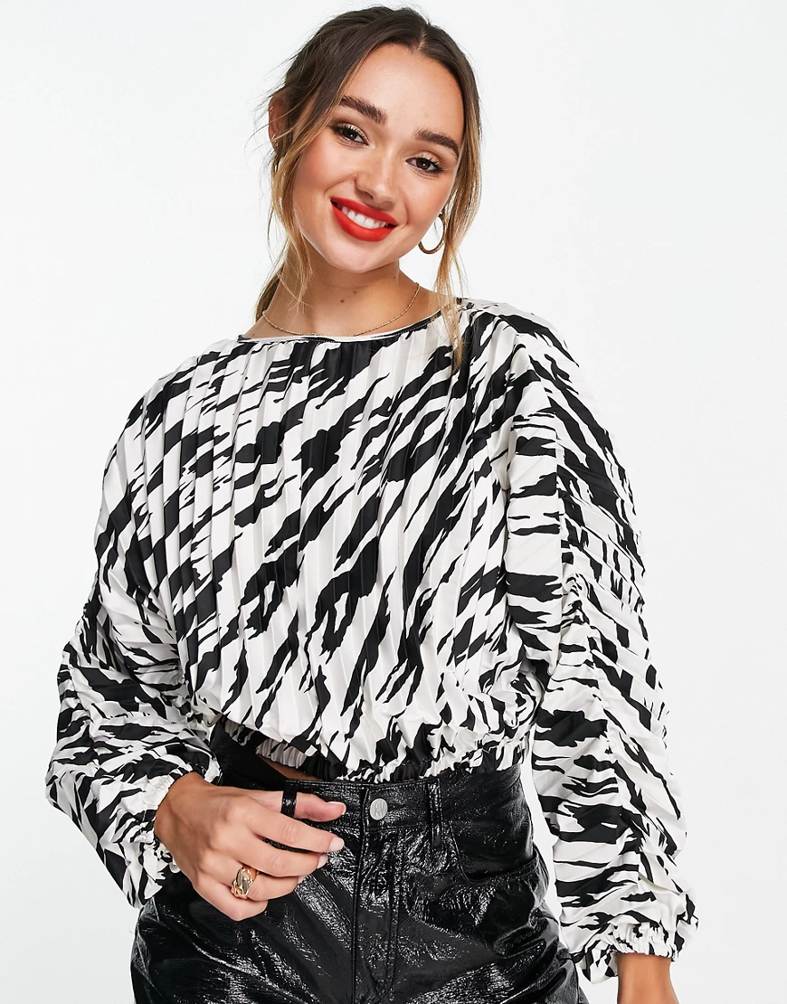 ASOS DESIGN – Langärmliges, plissiertes Hemd mit monochromem Zebramuster un günstig online kaufen