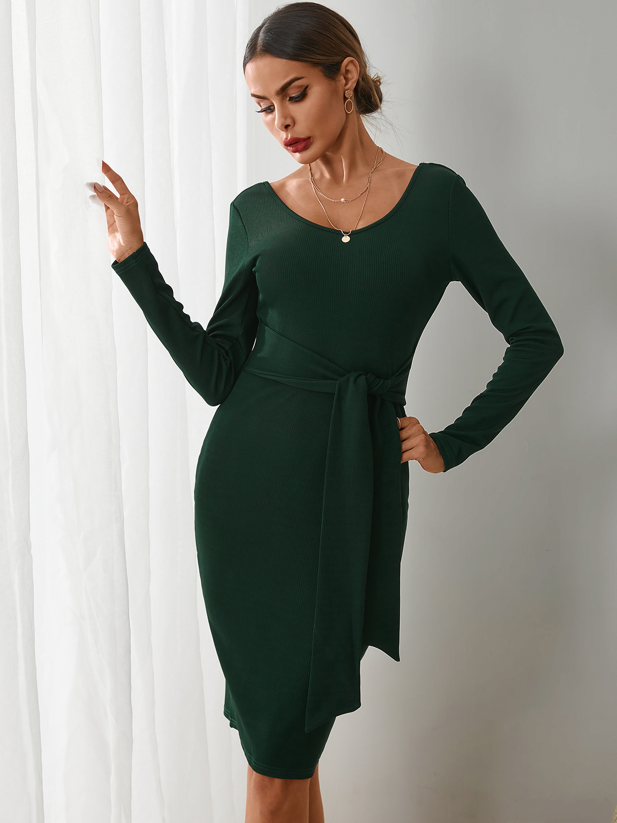 YOINS Green Backless Design Lange Ärmel Kleid günstig online kaufen