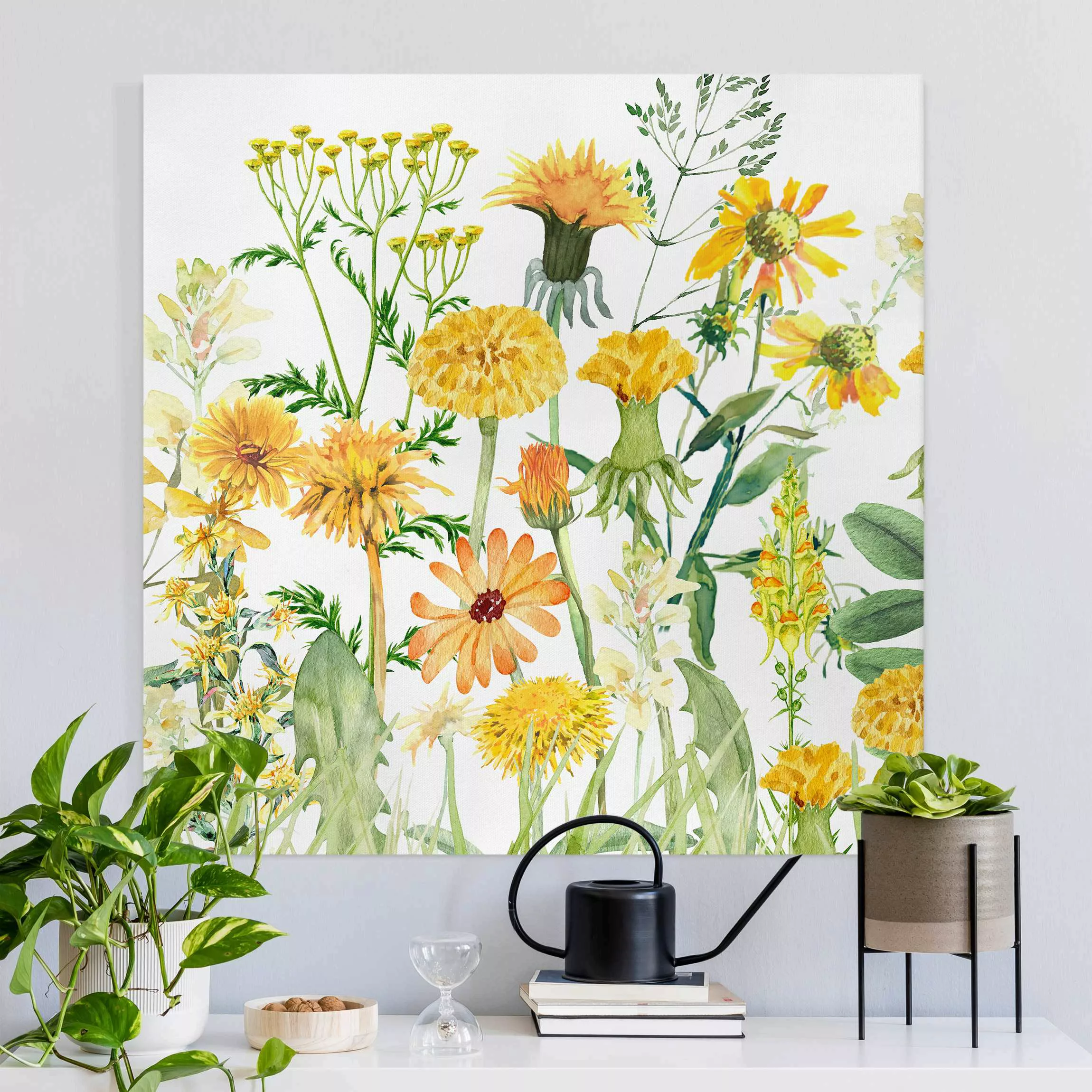 Leinwandbild Aquarellierte Blumenwiese in Gelb günstig online kaufen