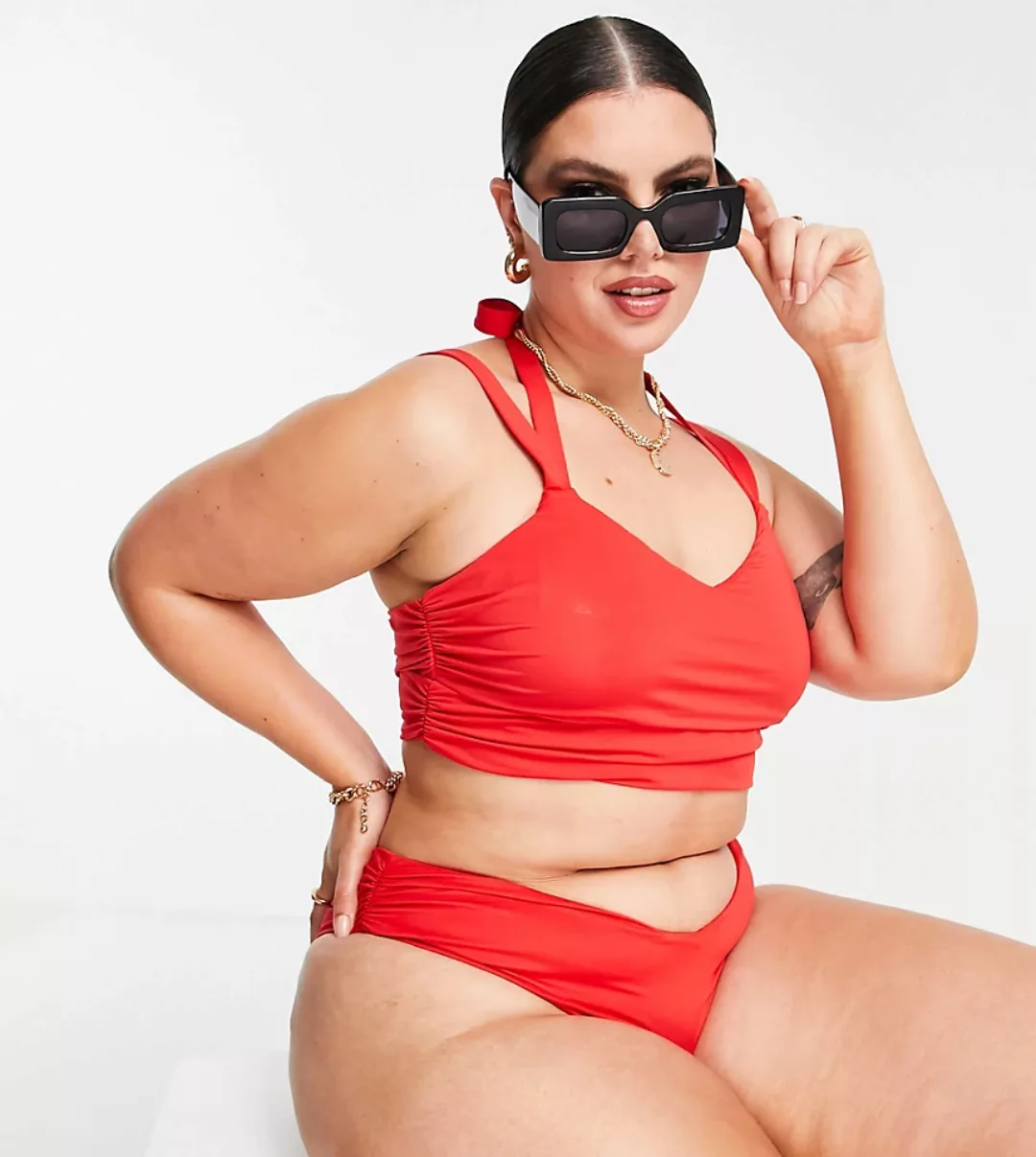 ASOS DESIGN Curve – Bikinihose aus Netzstoff in Rot günstig online kaufen