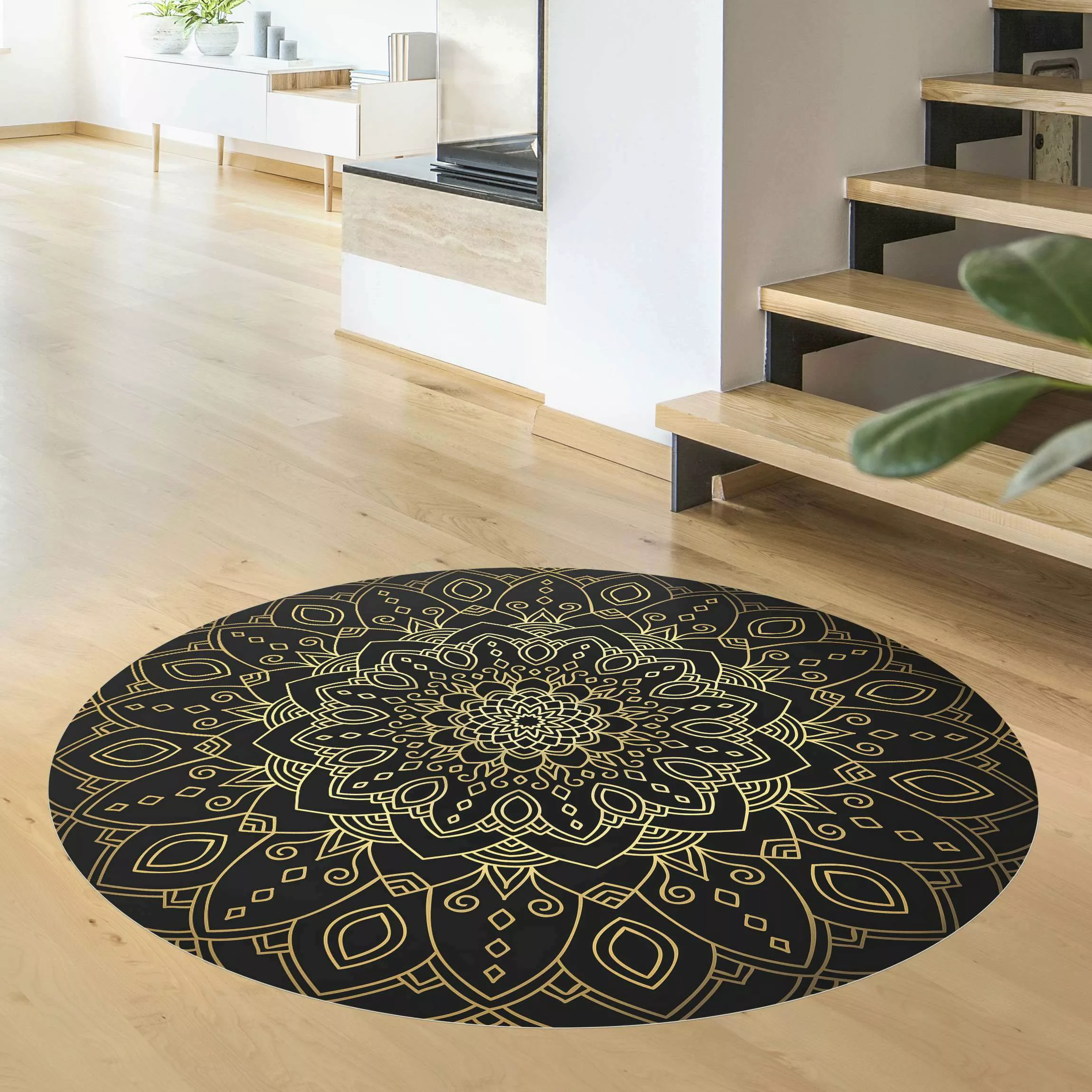 Runder Vinyl-Teppich Mandala Blüte Muster gold schwarz günstig online kaufen