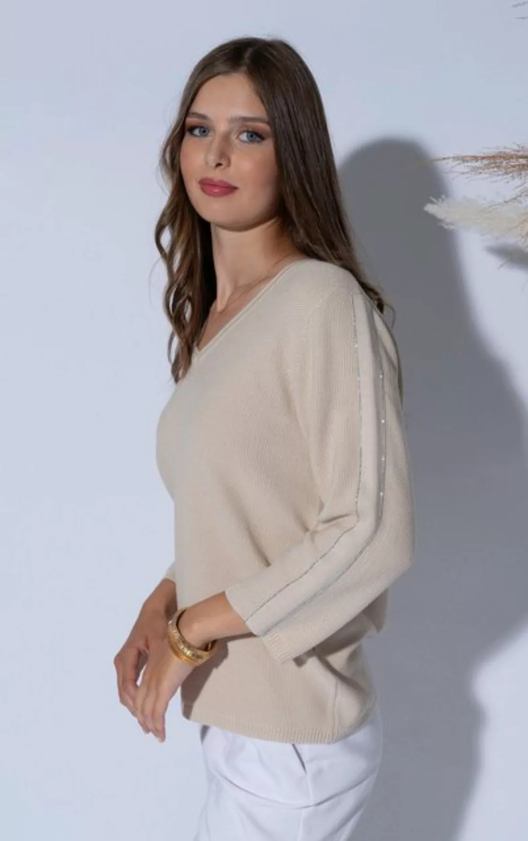 Passioni 3/4 Arm-Pullover Eleganter Sommerpullover in Beige mit Glitzerstre günstig online kaufen