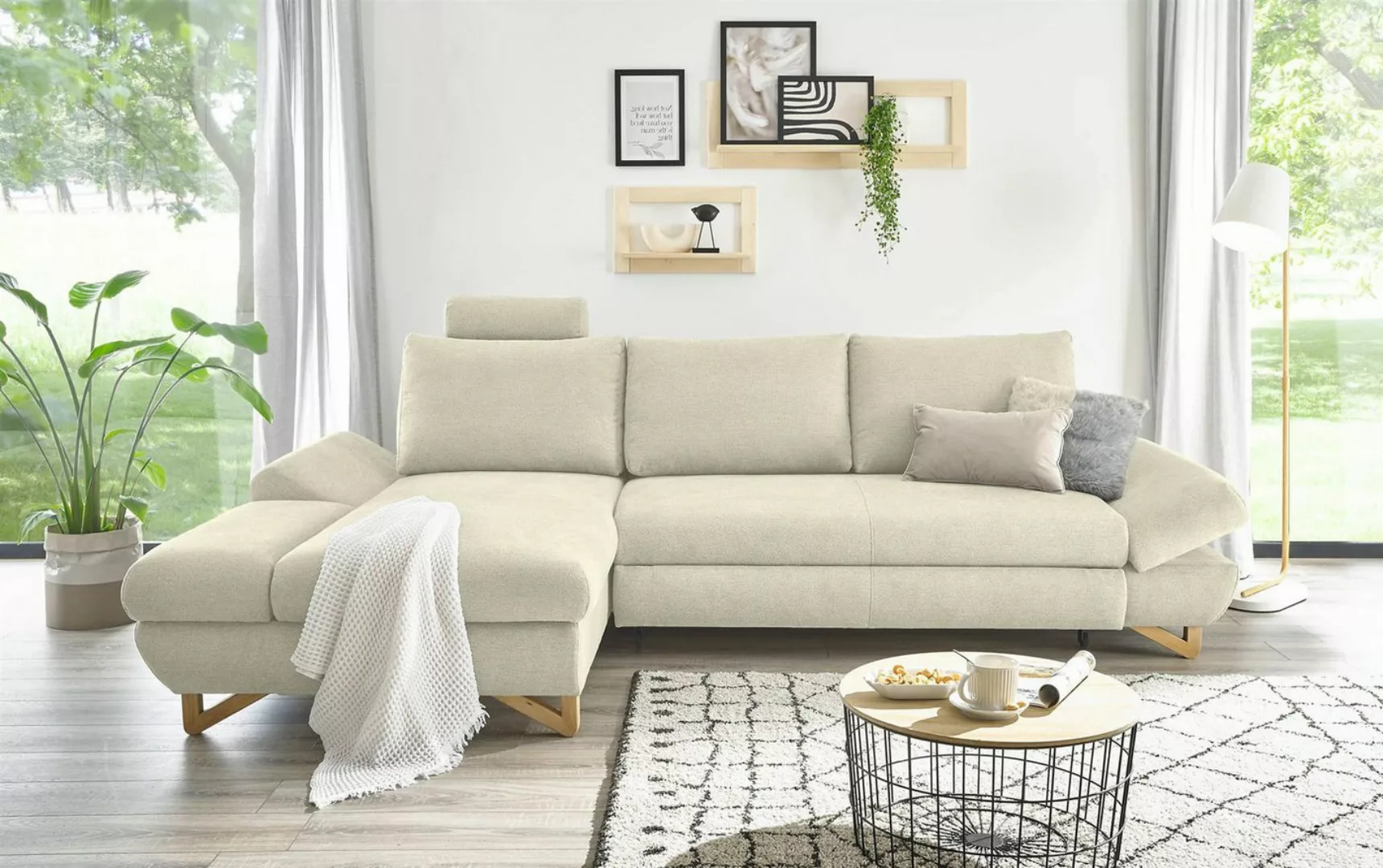 Design-Wohngalerie Sofa Ecksofa Halsta - Strukturstoff Beige, Recamiere lin günstig online kaufen