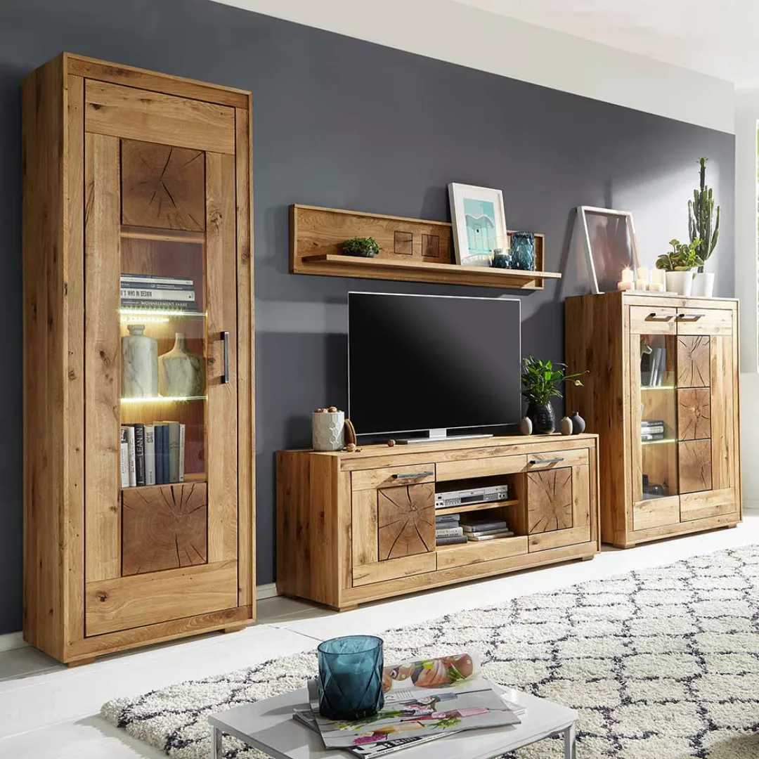 Wohnzimmer Anbauwand aus Wildeiche Massivholz rustikalen Look (vierteilig) günstig online kaufen