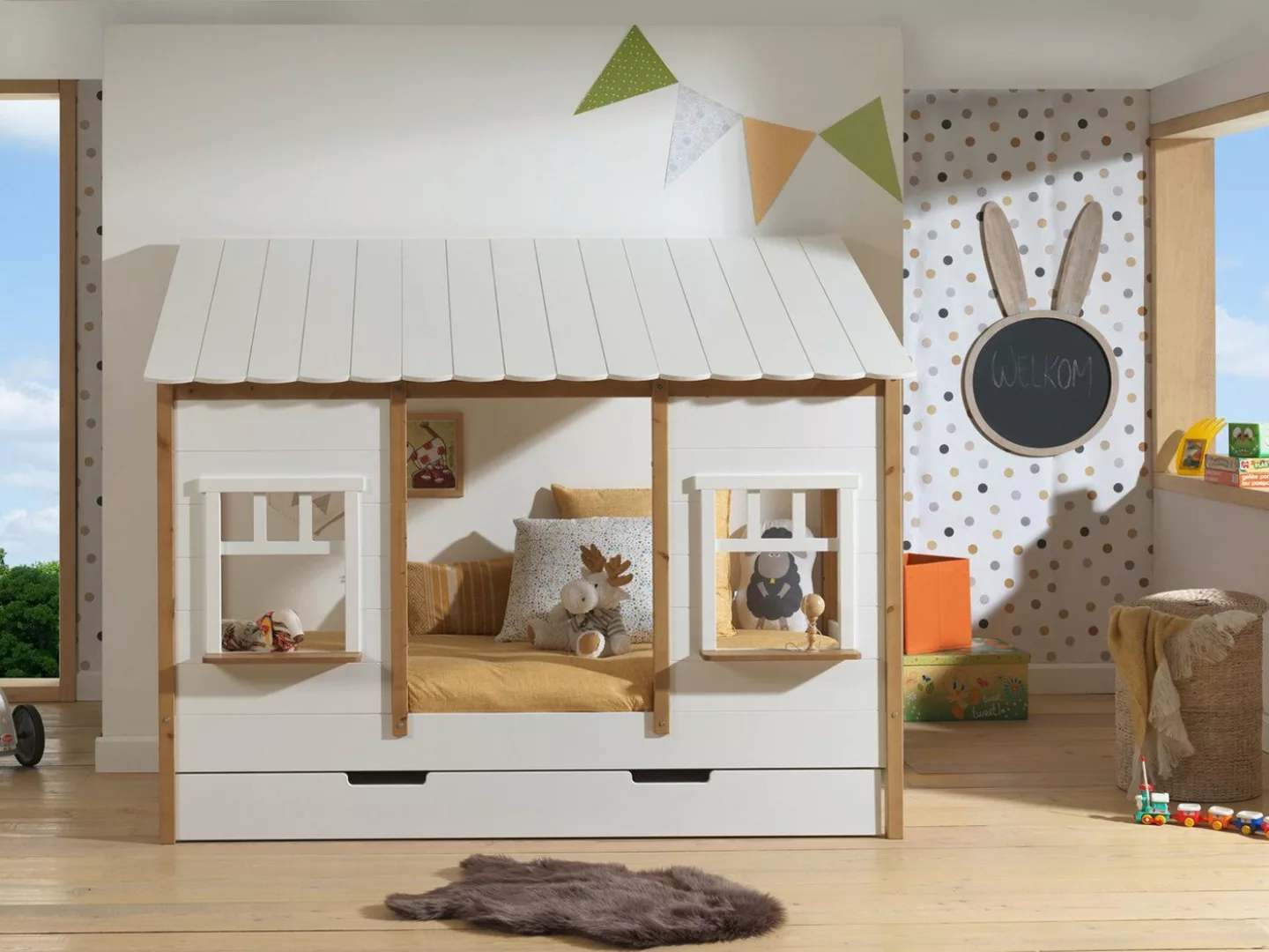 Natur24 Kinderbett Bett mit Schublade Landhausbett BABS 90x200cm Oak/Weiß günstig online kaufen