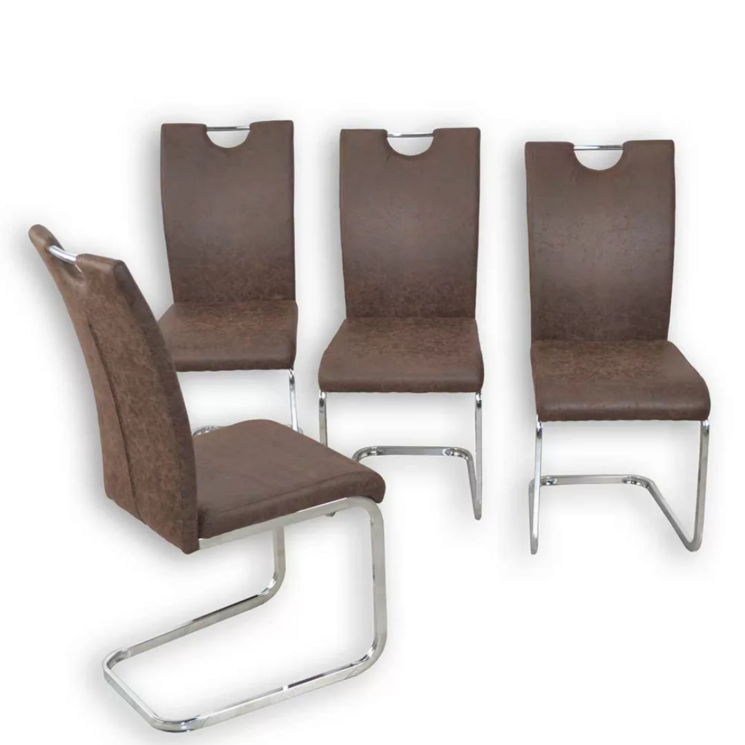 Freischwinger Stühle in Braun Kunstleder verchromtem Metallgestell (4er Set günstig online kaufen