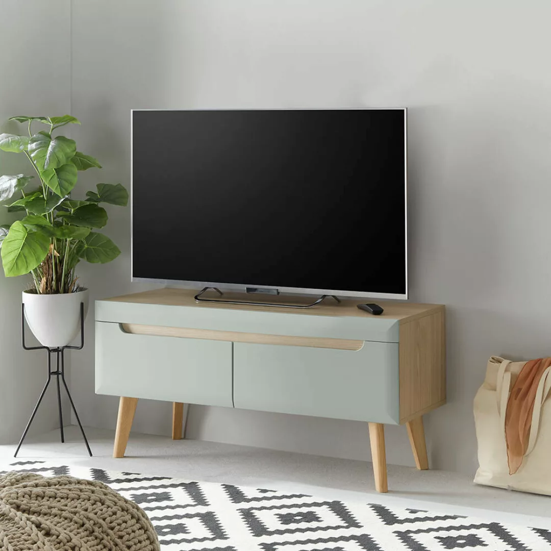 Wohnzimmer TV-Lowboard, 107cm, in Grün Matt mit Eiche STOCKTON-61 günstig online kaufen