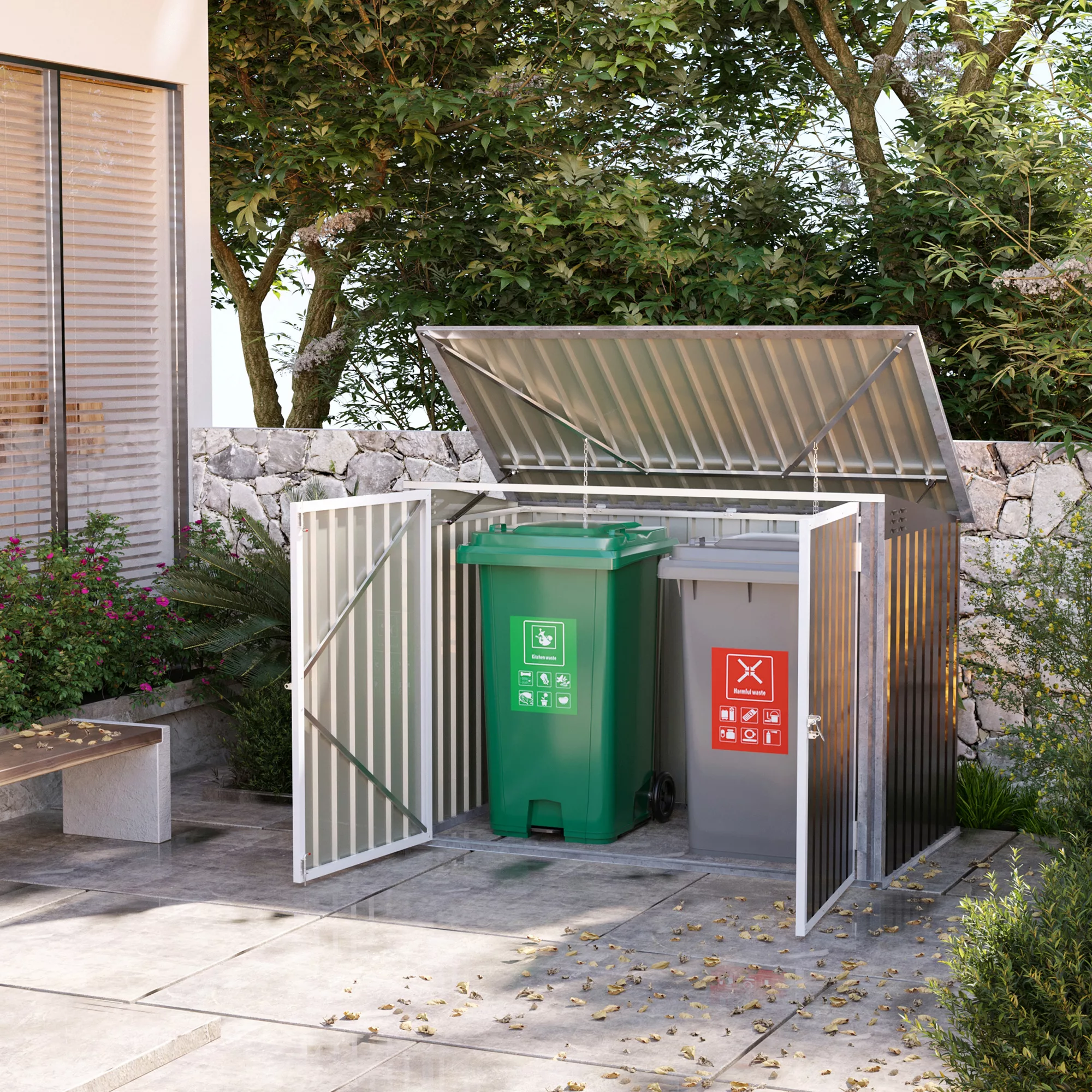 Outsunny Mülltonnenbox Müllbox Storer abschließbar Gerätebox für 2 Mülltonn günstig online kaufen