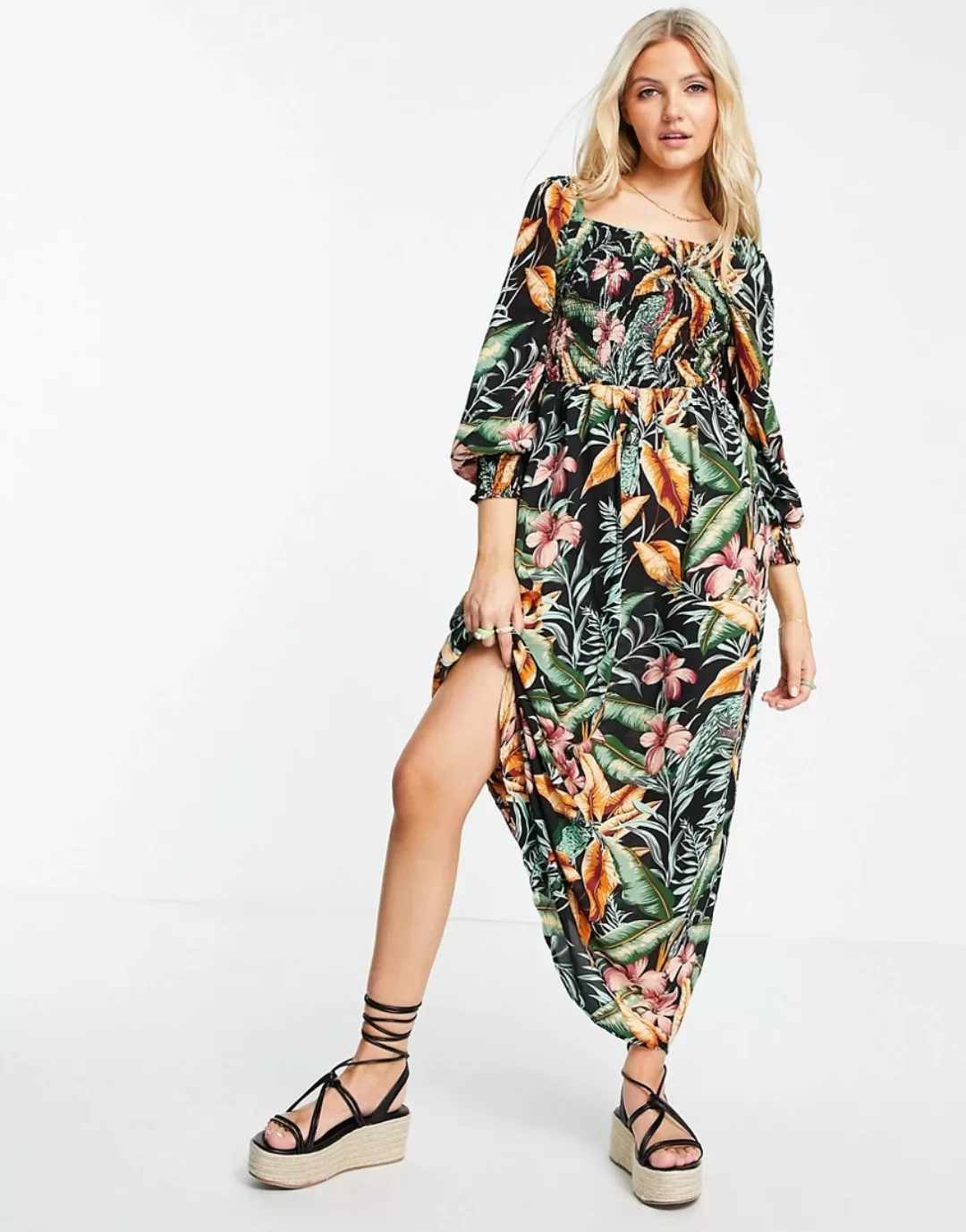 JDY – Midaxi-Kleid mit gekräuseltem Oberteil, Puffärmeln und tropischem Mus günstig online kaufen
