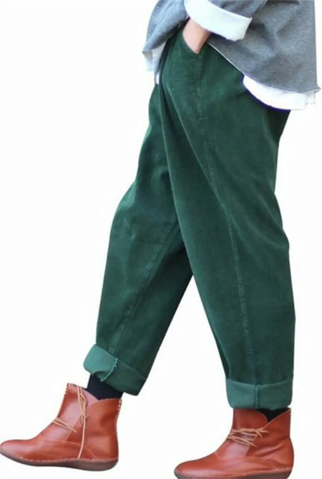 RUZU UG Cordhose Frauen-elastische Taille Corduroy Hose mit Taschen Loungep günstig online kaufen