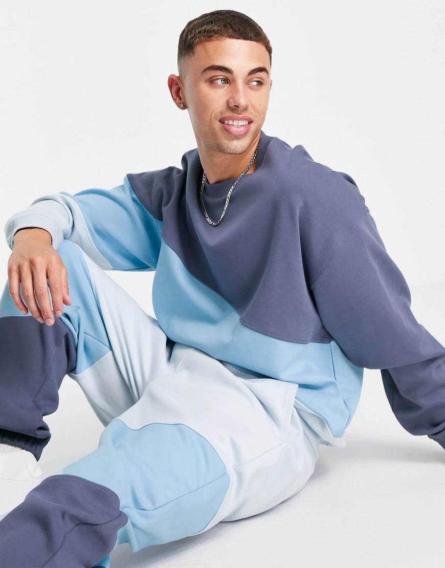 Topman – Oversize-Sweatshirt im Farbblockdesign in Blau, Kombiteil günstig online kaufen