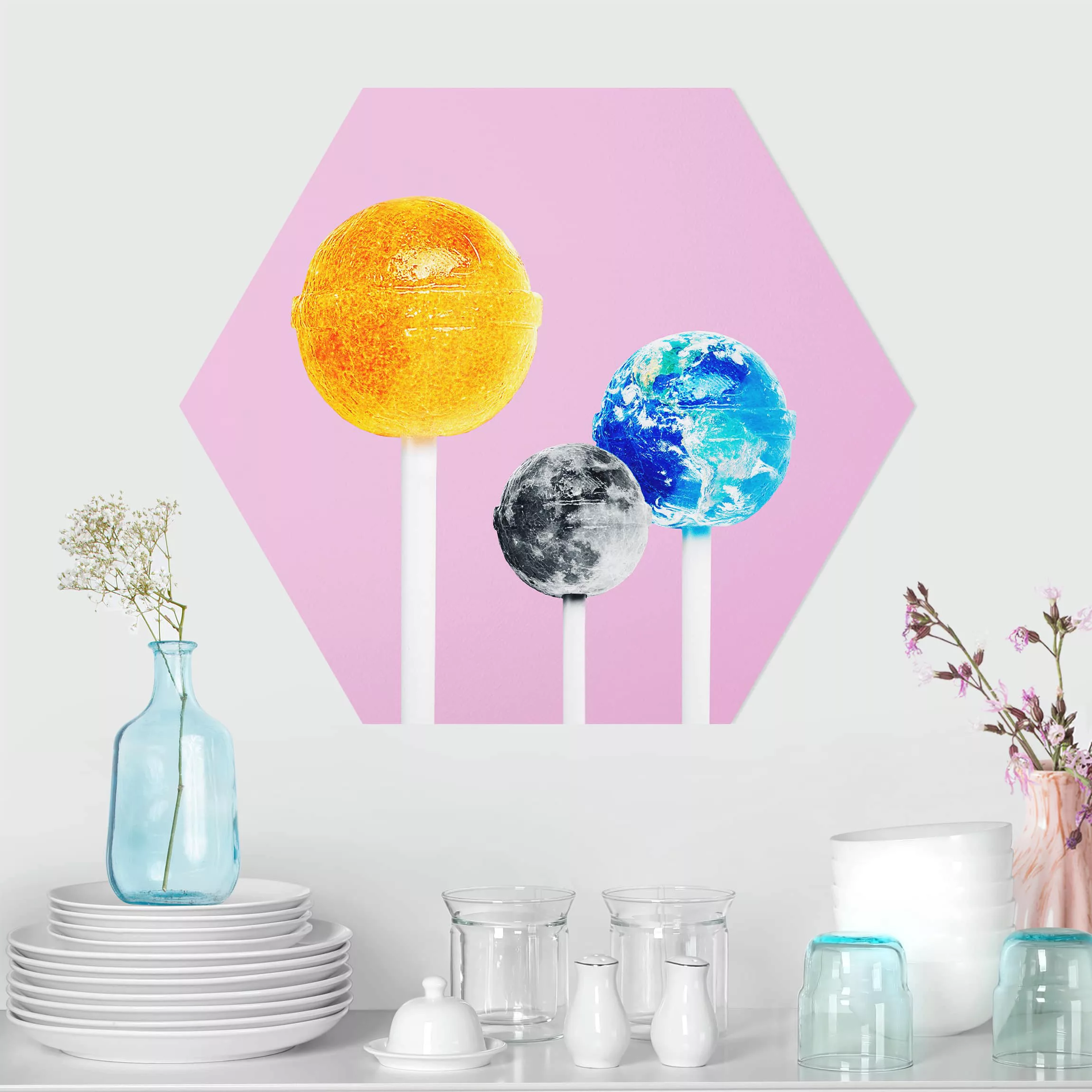 Hexagon-Alu-Dibond Bild Küche Lollipops mit Planeten günstig online kaufen