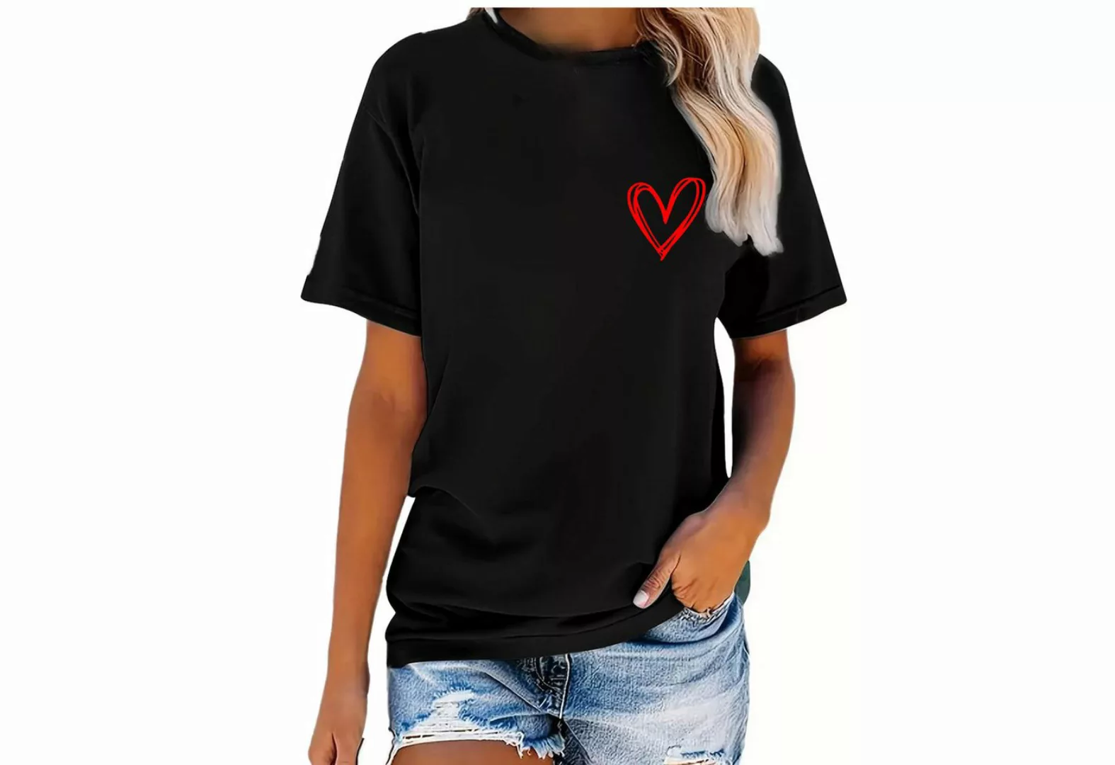 Banco T-Shirt Damen Kurzarm Love Liebe Herz Unifarben Unifarben, Größen XS günstig online kaufen