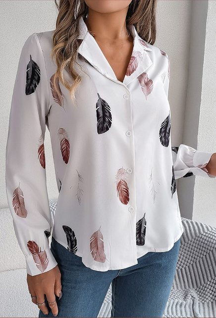 CHENIN Langarmhemd Damen Spring Summer Feather Print Blazer Kragen Top Busi günstig online kaufen