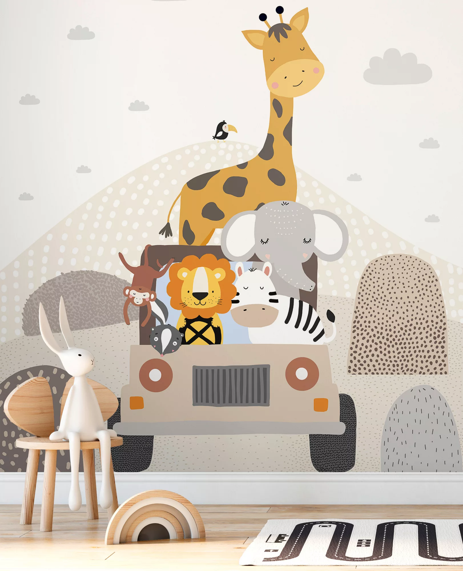 Lüttenhütt Fototapete »Kinderzimmer Safari Tiere«, Auto, mit Löwe, Bär, Ele günstig online kaufen