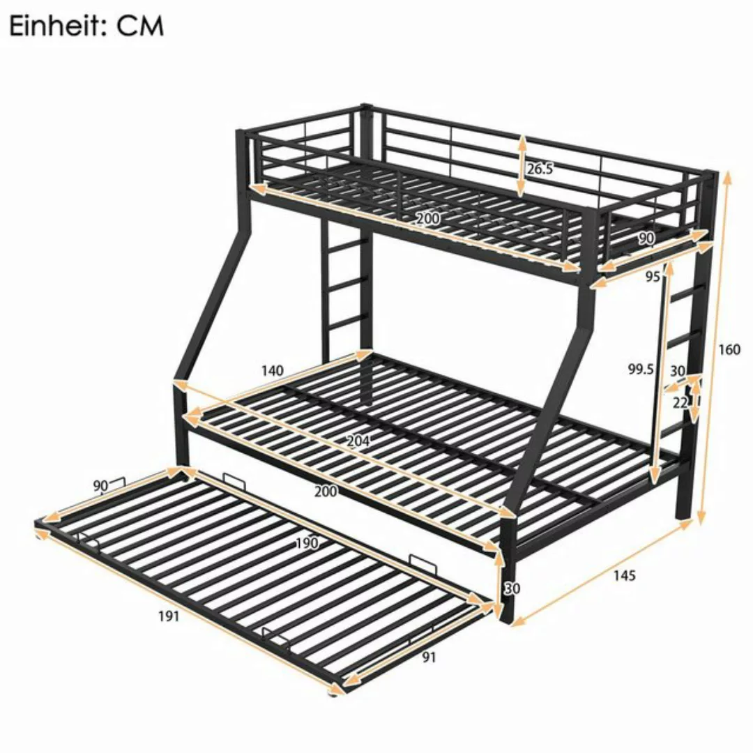 Flieks Etagenbett, Metallbett mit ausziehbarem Bett 90x200cm/140x200cm/90x1 günstig online kaufen