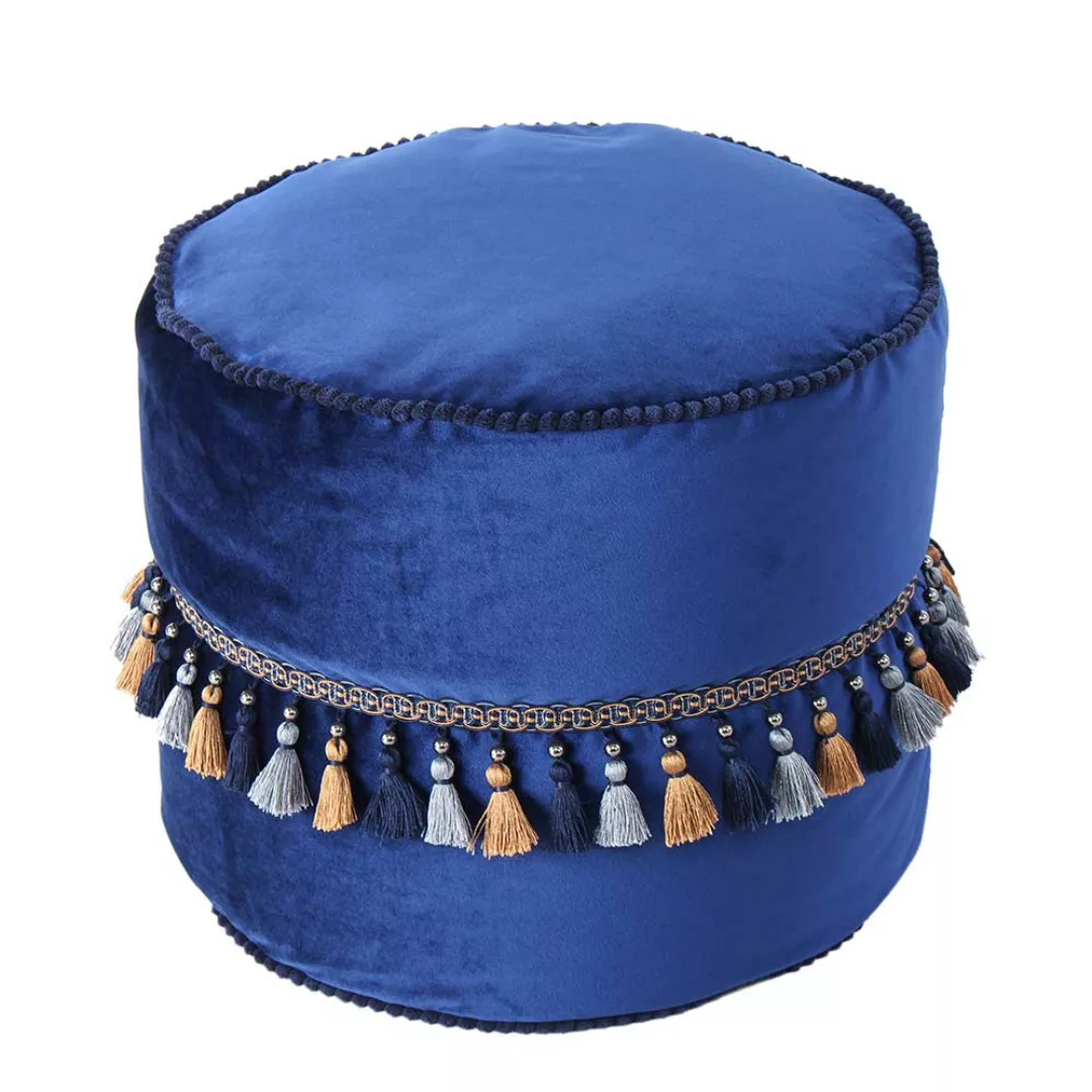 Sitzpouf in Blau Samt Quasten im Boho Style günstig online kaufen