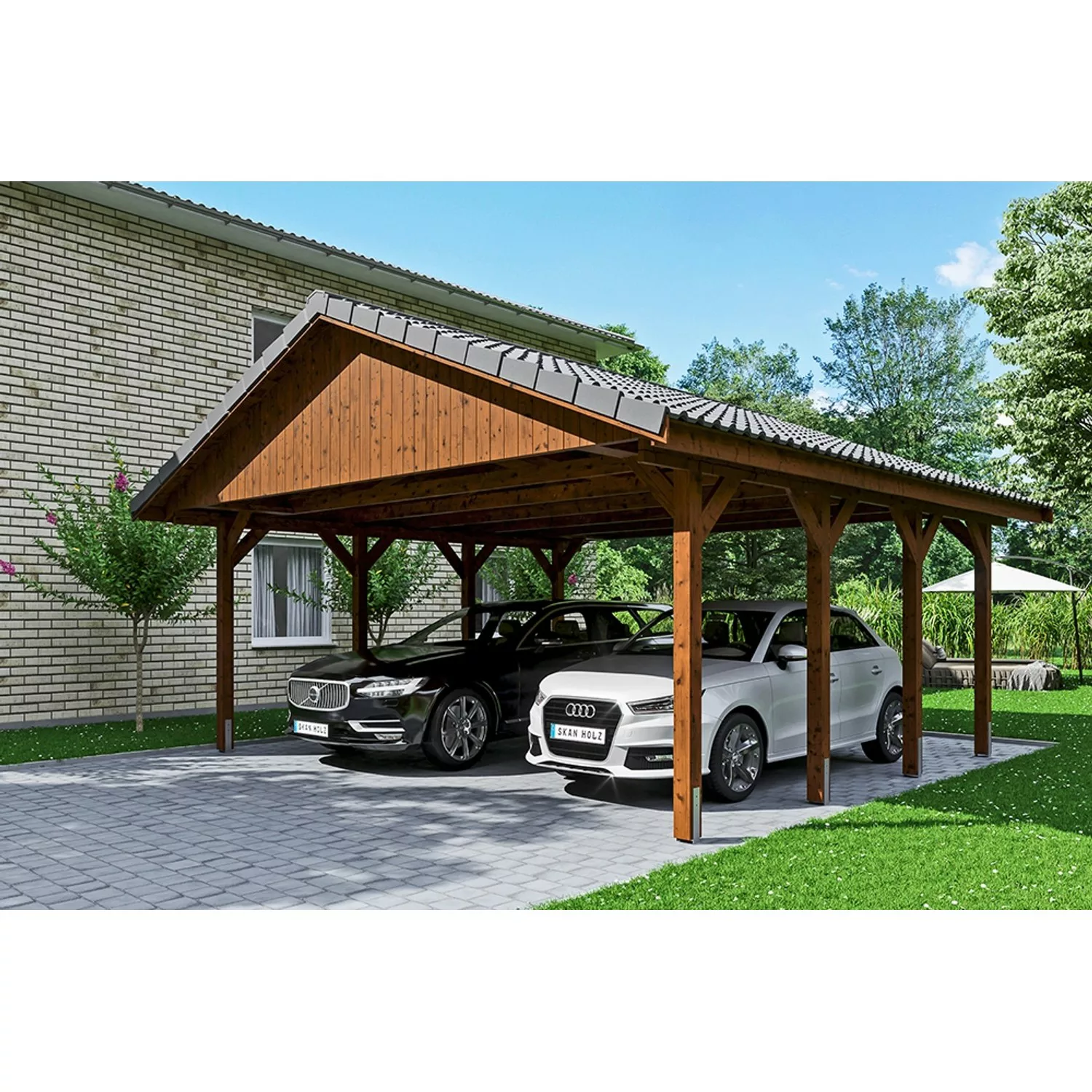 Satteldach-Carport Wallgau Nussbaum 620 x 600 cm Dachlattung günstig online kaufen
