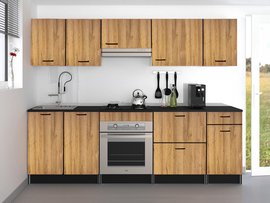 Küchenzeile - mit Arbeitsplatte 240 cm - Naturfarben & Schwarz - TRATTORIA günstig online kaufen
