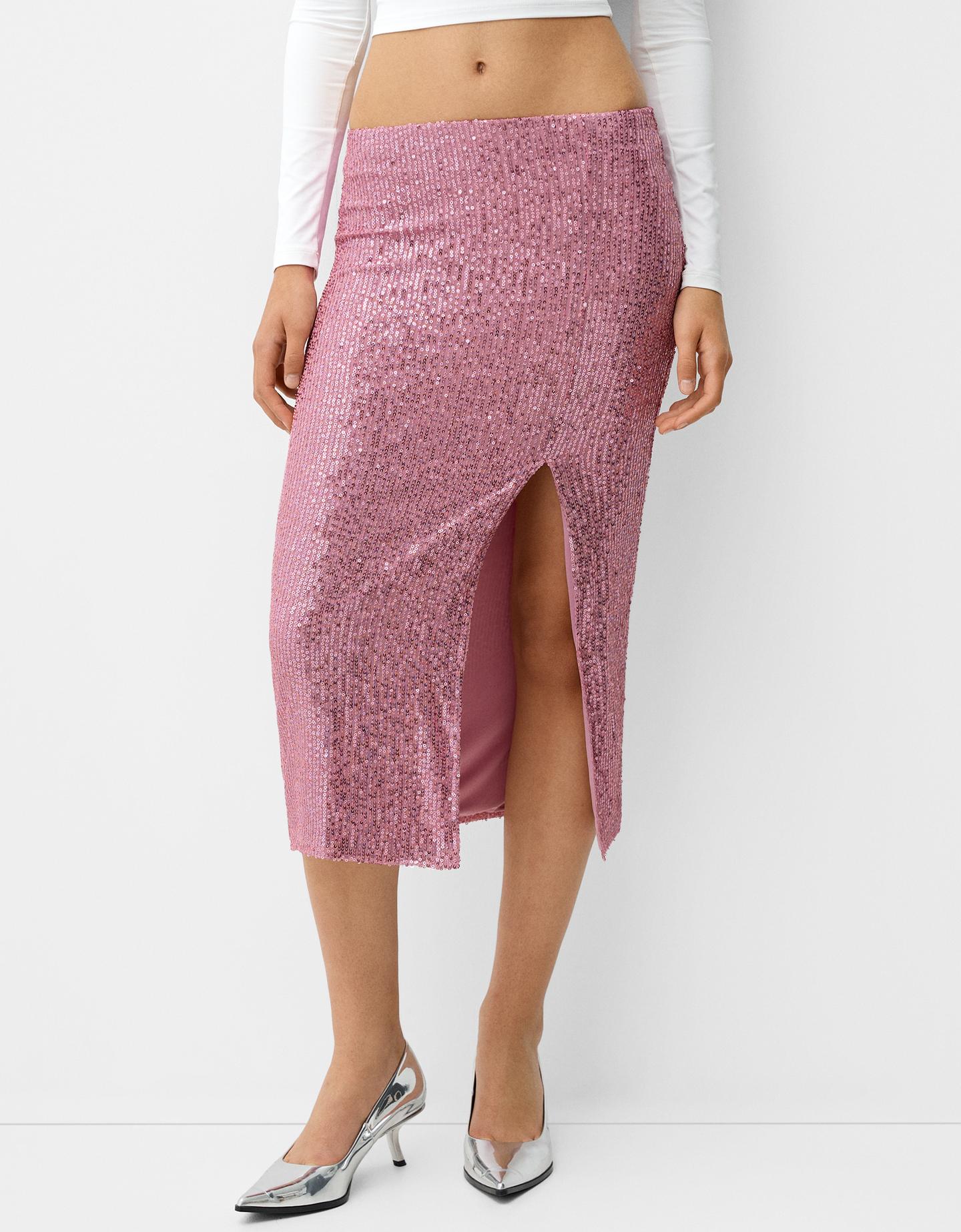 Bershka Midirock Mit Pailletten Damen Xl Rosa günstig online kaufen