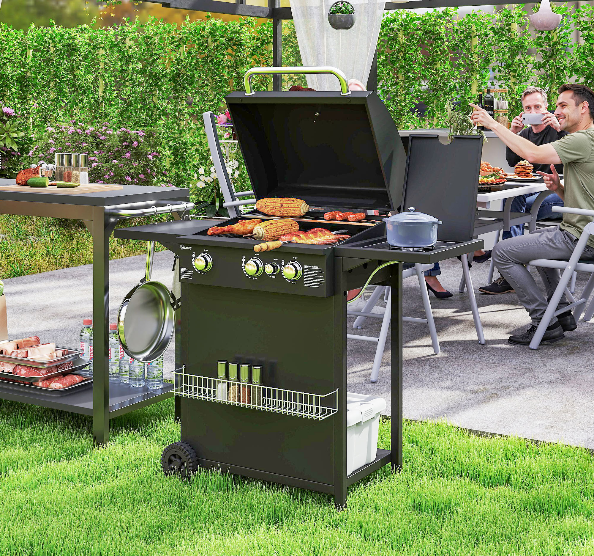 Outsunny Gasgrill 9,5 KW Grillwagen inkl 4 Brenner Seitenkocher Rolle Druck günstig online kaufen