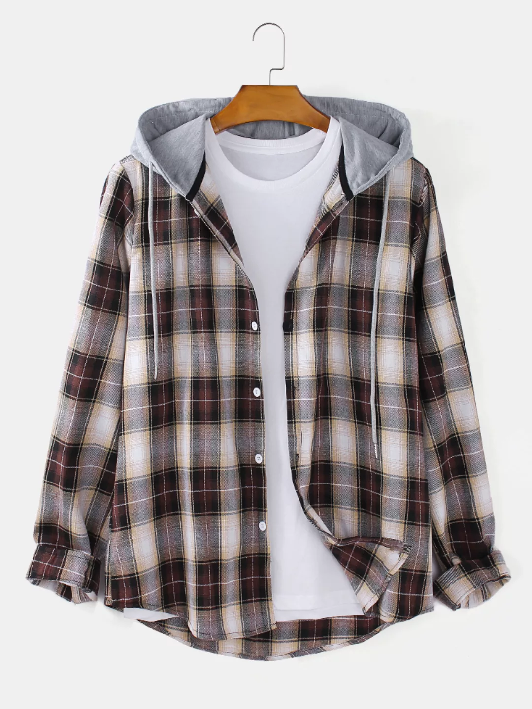 Herren Plaid Button Up Langarm Casual Loose Drawstring Hooded Shirts günstig online kaufen