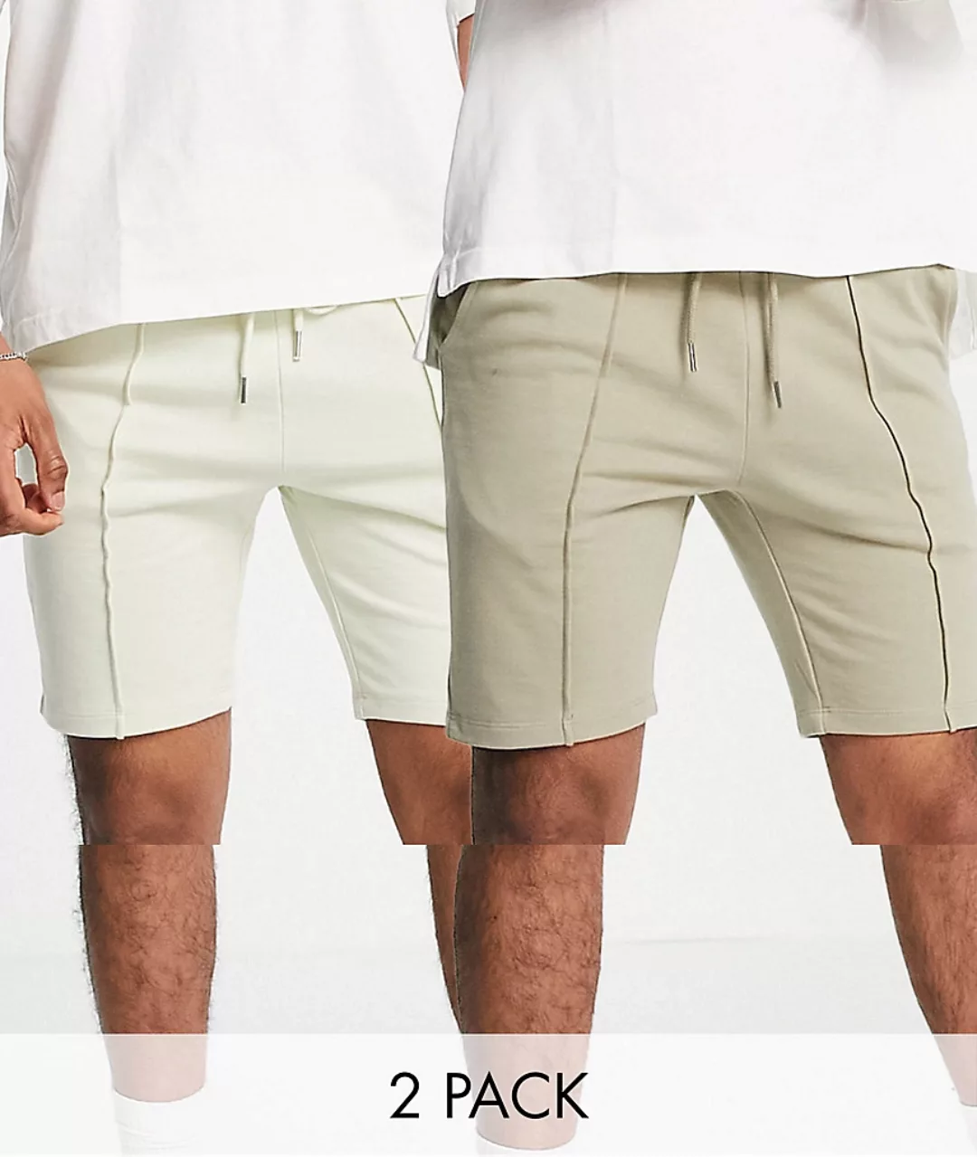 ASOS DESIGN – Schmal zulaufende Jersey-Shorts in Khaki/Grau im 2er-Pack-Meh günstig online kaufen