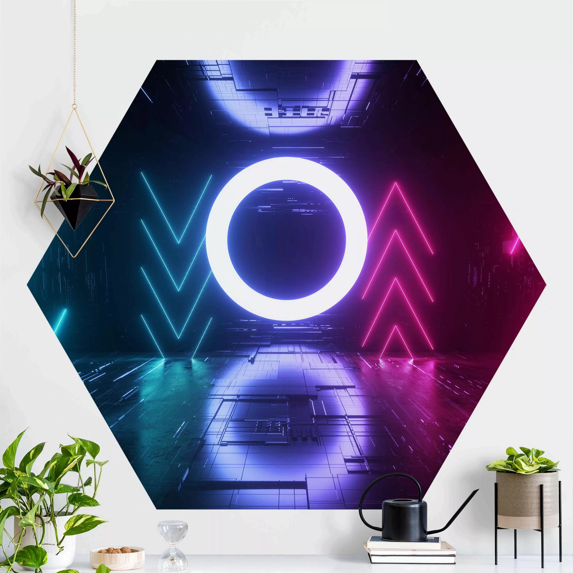 Hexagon Mustertapete selbstklebend Bunte Neonlichter günstig online kaufen