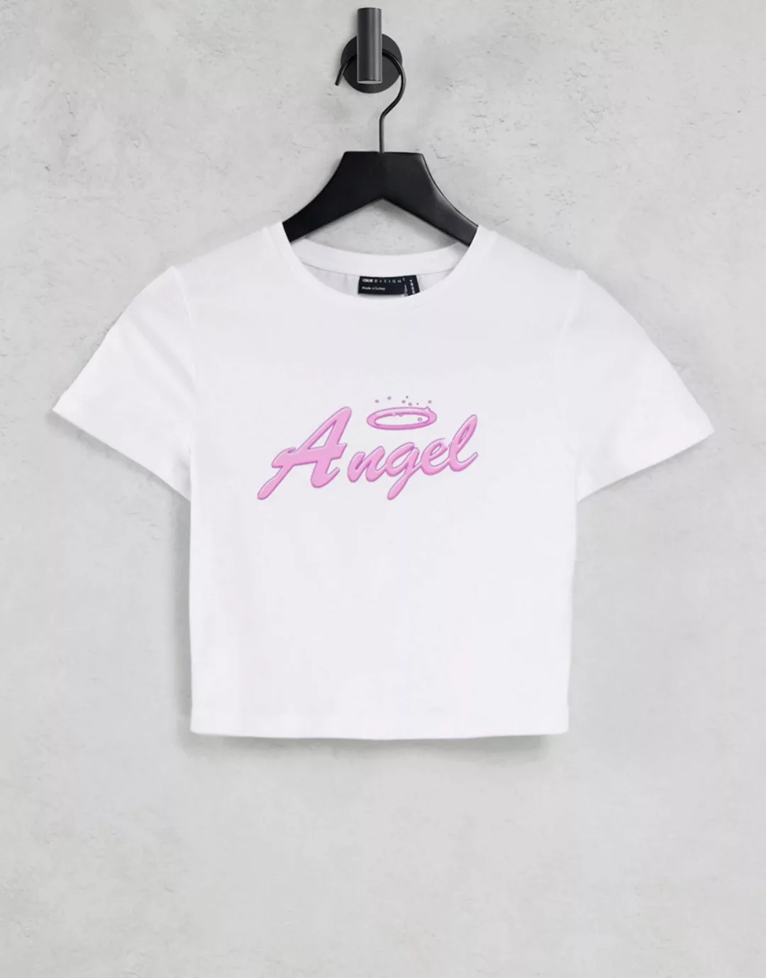 ASOS DESIGN – Halloween – Figurbetontes T-Shirt in Weiß mit „Angel“-Print günstig online kaufen