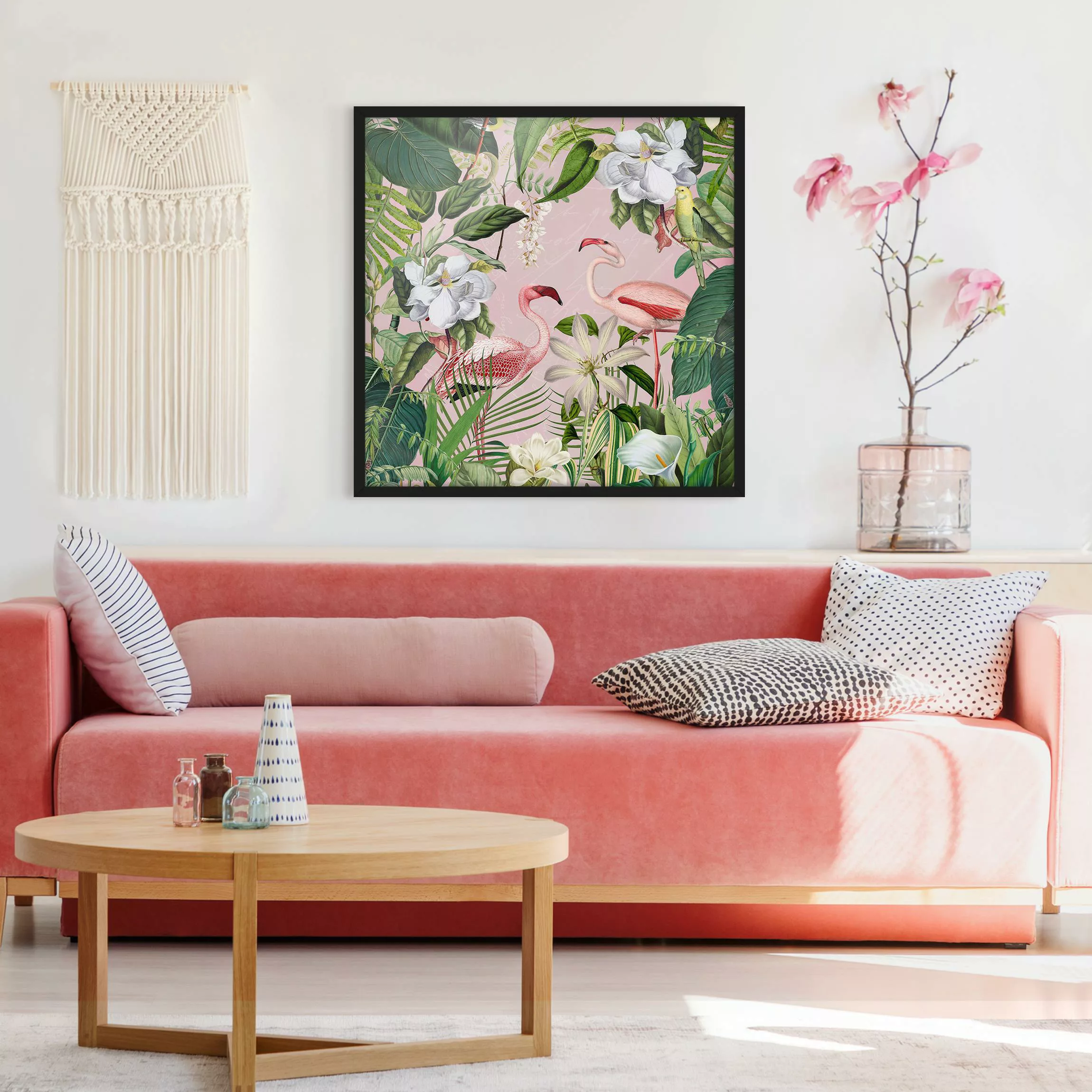 Bild mit Rahmen Tropische Flamingos mit Pflanzen in Rosa günstig online kaufen