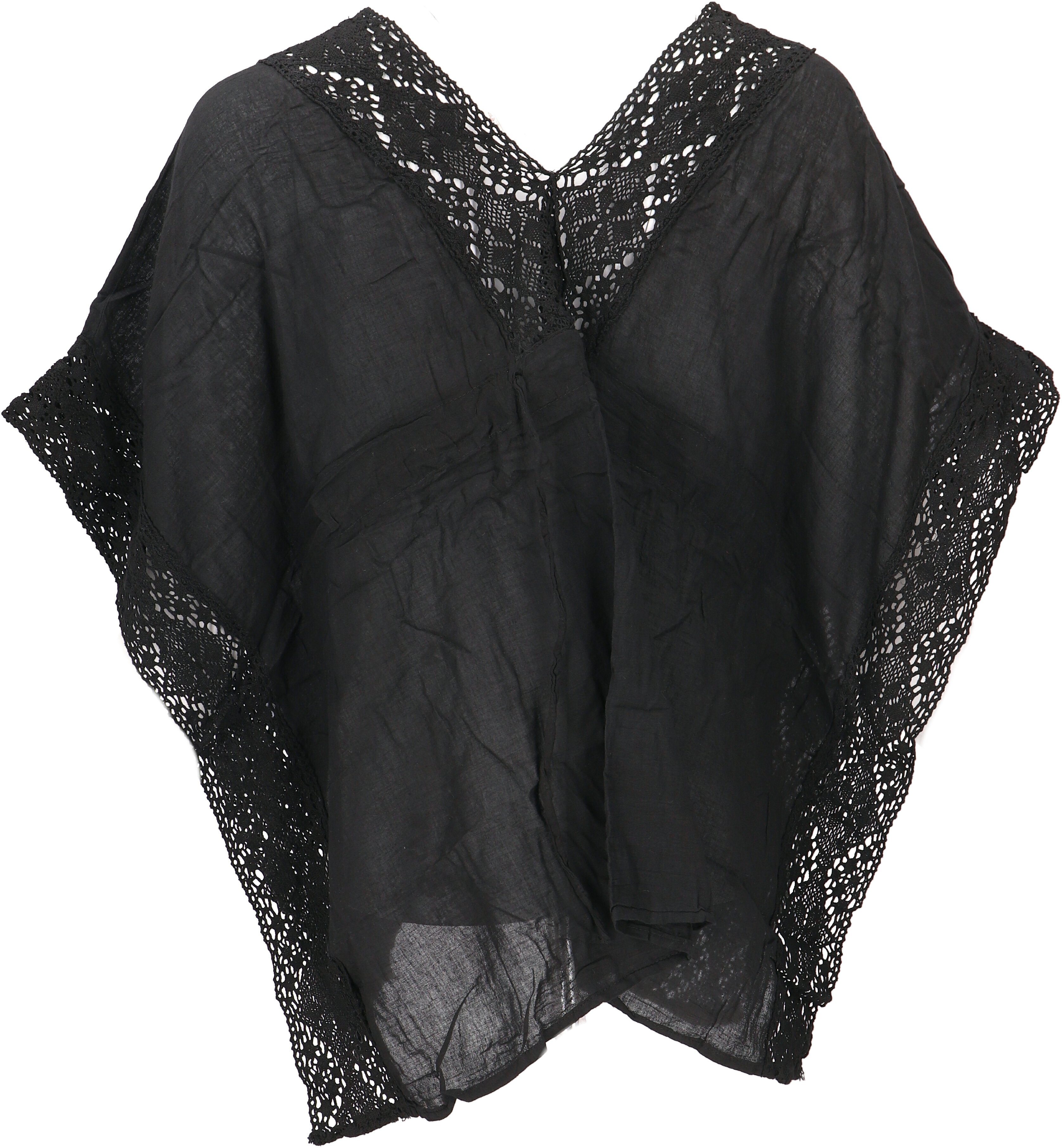 Guru-Shop Longbluse Kurze Kaftanbluse mit Spitze, günstig online kaufen