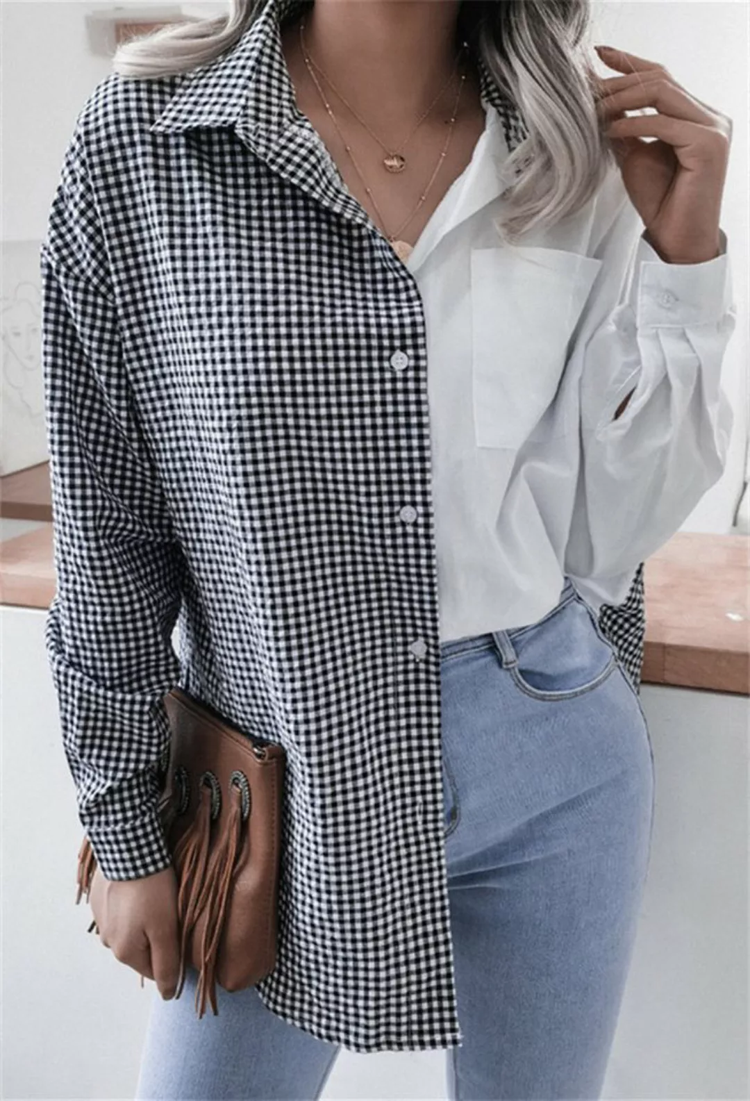 TOTOIN Langarmhemd Frühling und Sommer Casual Plaid Patchwork Mode vielseit günstig online kaufen