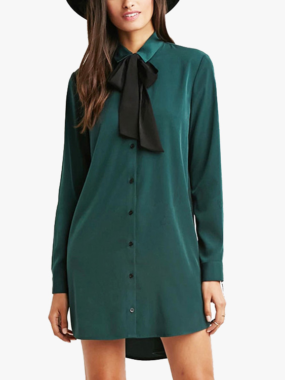 Grün Classic Kragen Langarm Bowknot Kleid günstig online kaufen