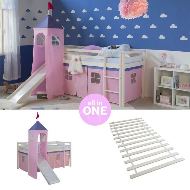 Homestyle4u Hochbett 90x200 cm Kinderbett Weiß Kiefer mit Vorhang Pink mit günstig online kaufen