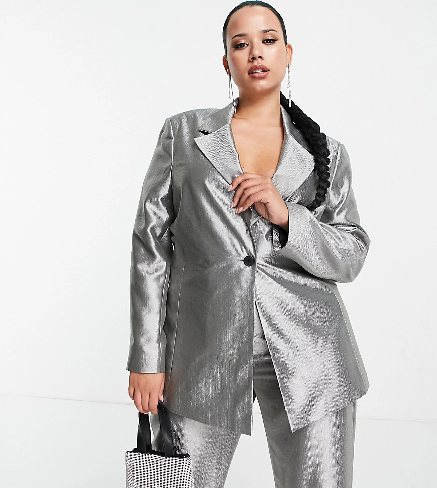 ASOS DESIGN Curve – Anzugblazer in silberfarbener Metallic-Optik günstig online kaufen