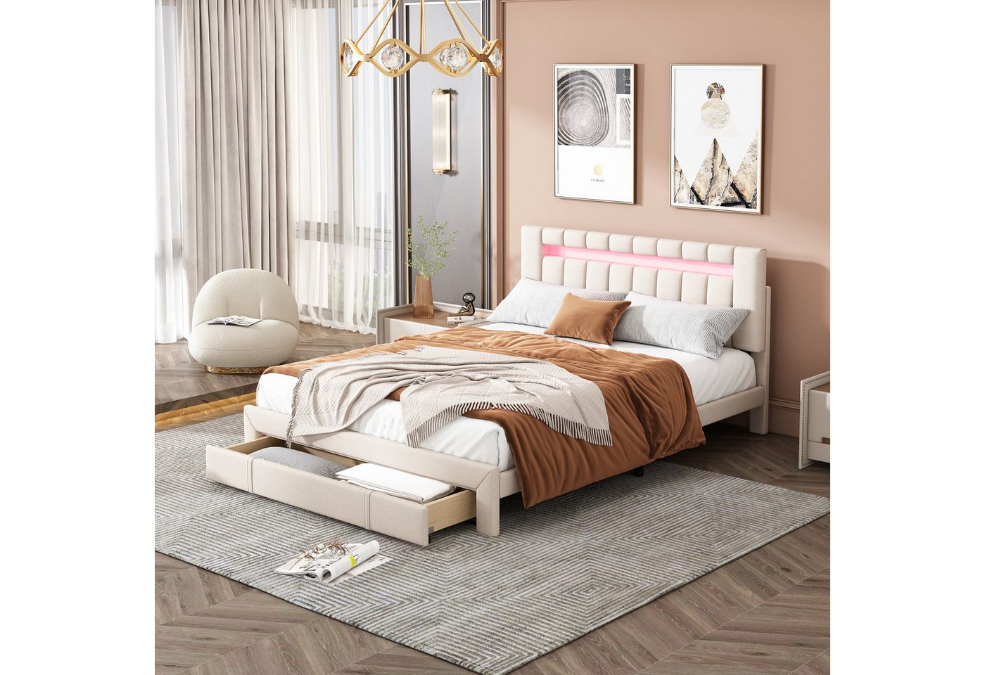 MODFU Bett Doppelbett Polsterbett Kinderbett 140 x 200 cm (mit LED-Beleucht günstig online kaufen