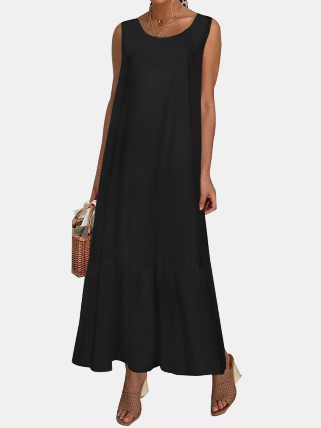 Lässige einfarbige Rüschen Saum O-Ausschnitt Plissee Long Maxi Tiered Kleid günstig online kaufen