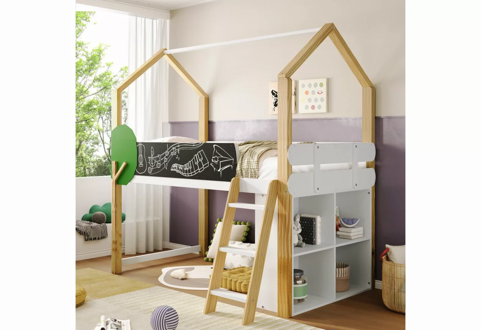 Flieks Hochbett Kinderbett 90x200cm mit baumförmiger Tafel und beweglichem günstig online kaufen