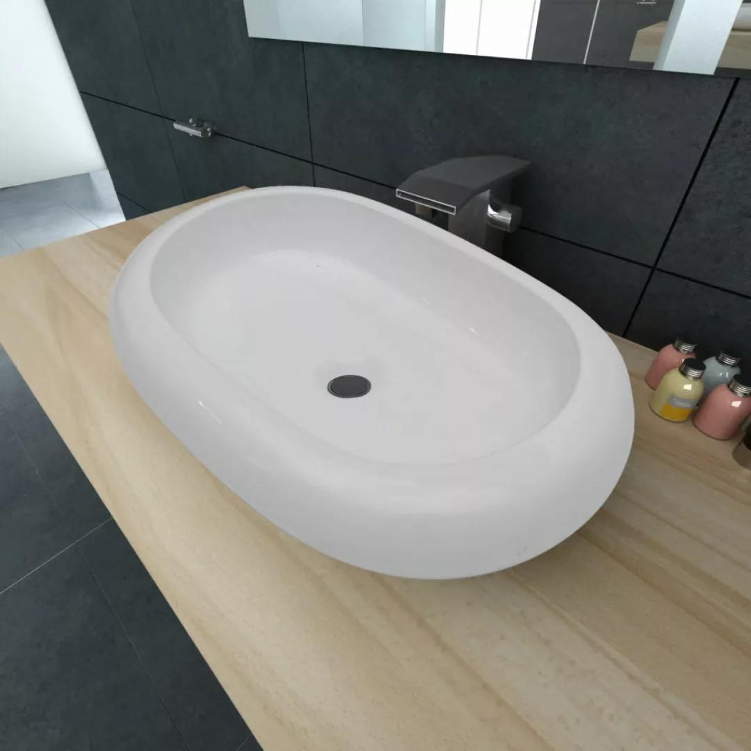 Keramik Waschtisch Waschbecken Oval Weiß 63 X 42 Cm günstig online kaufen