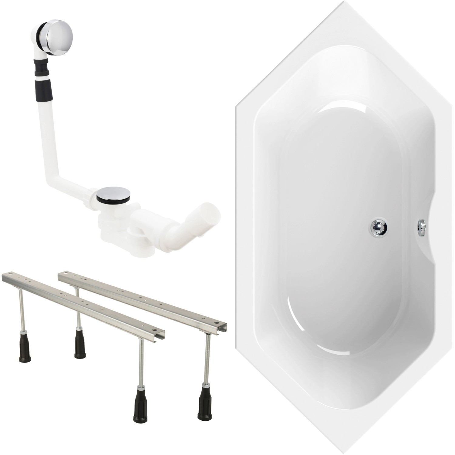 Calmwaters Sechseck-Badewanne Exclusive 190x90 cm Set Wannenfuß & Ablaufgar günstig online kaufen