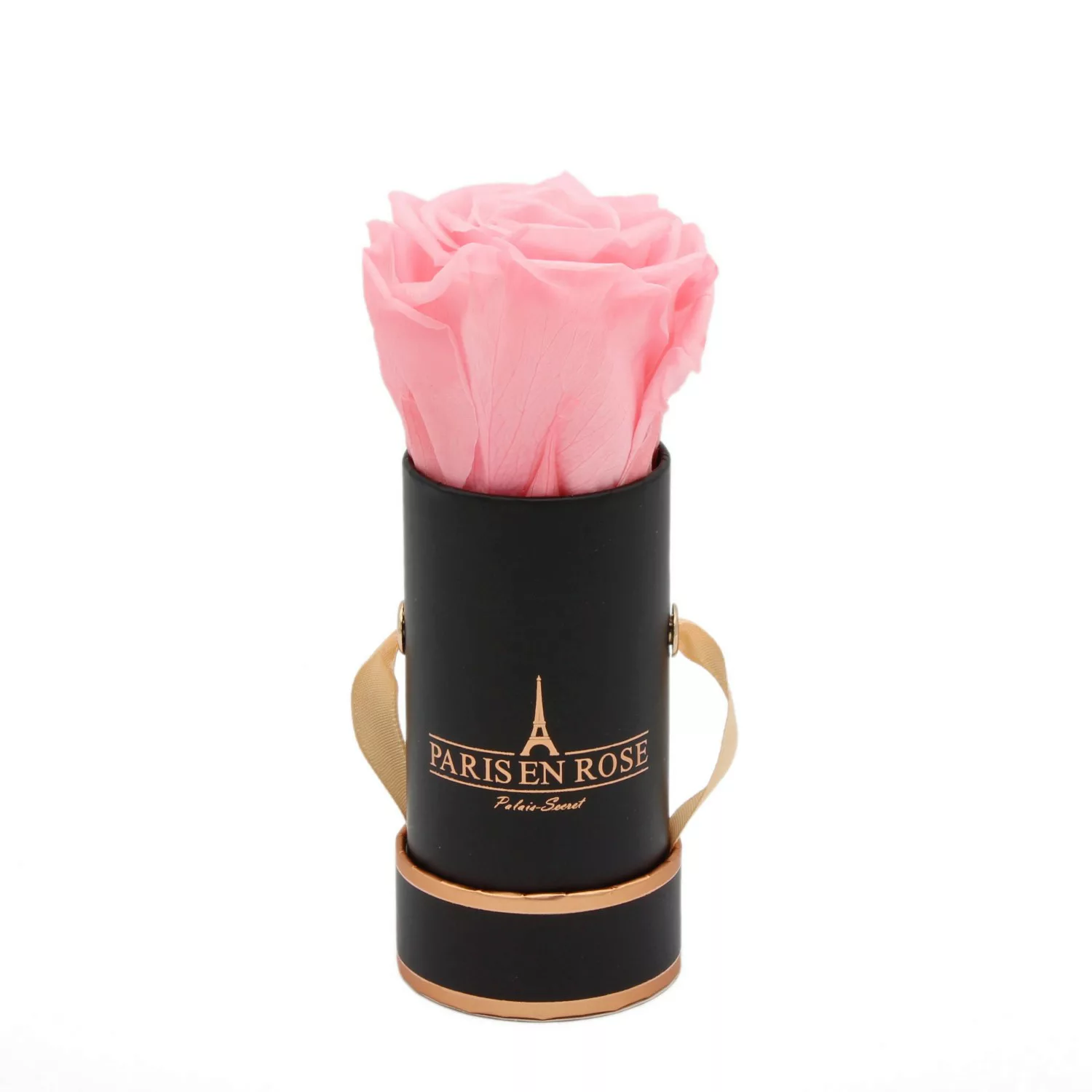 Rosenbox Ø 5 cm Schwarz-Roségold mit einer Rosa Rose günstig online kaufen
