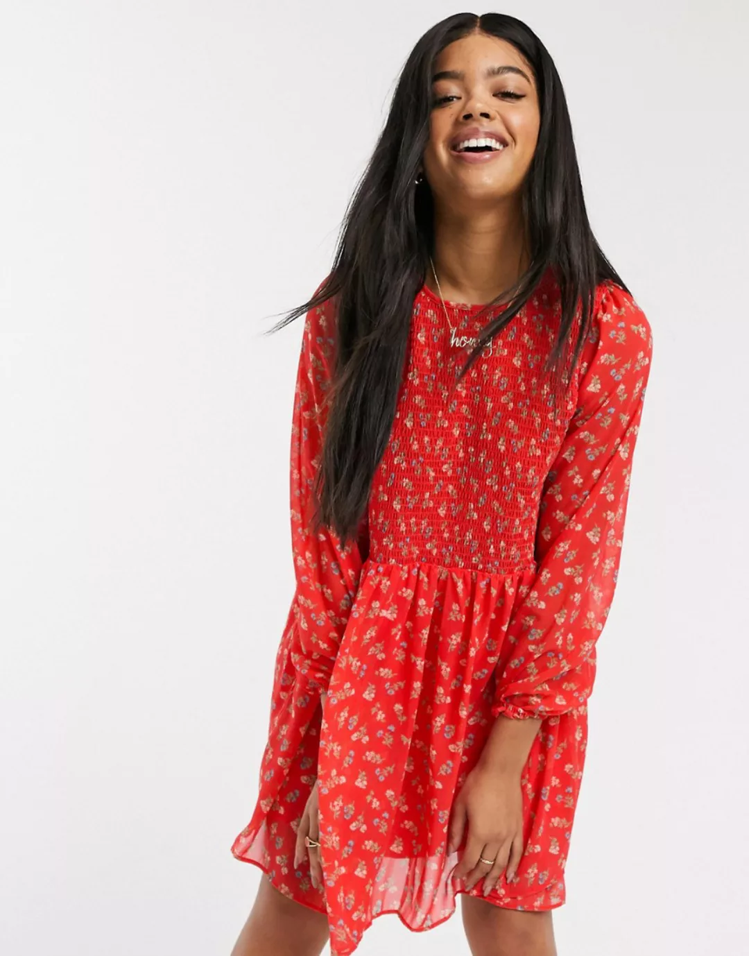 ASOS DESIGN – Gekräuseltes Mini-Hängerkleid mit Streublumenmuster-Mehrfarbi günstig online kaufen